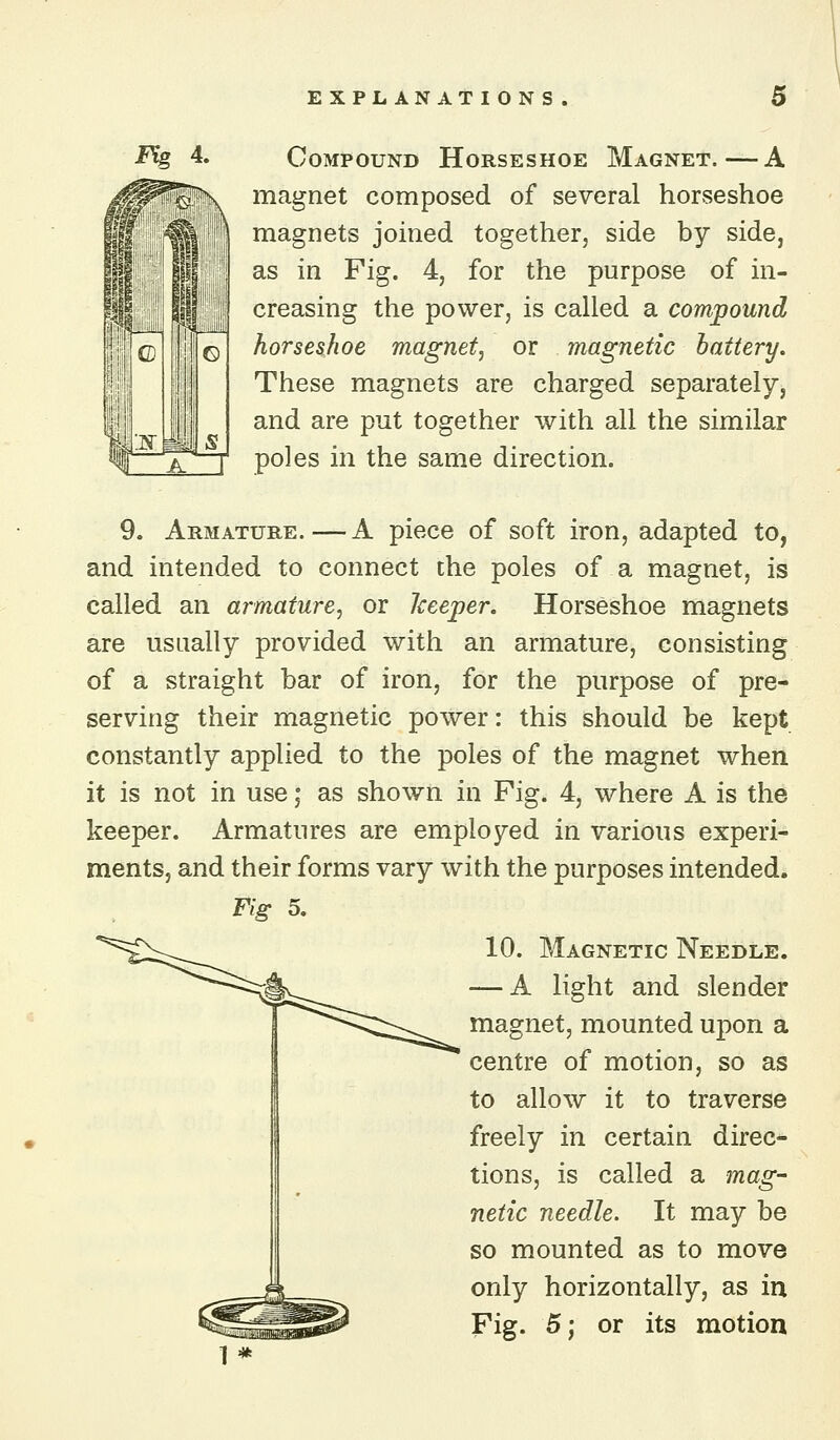 Compound Horseshoe Magnet.—A magnet composed of several horseshoe magnets joined together, side by side, as in Fig. 4, for the purpose of in- creasing the power, is called a compound horseshoe magnet, or magnetic battery. These magnets are charged separately, and are put together with all the similar poles in the same direction. 9. Armature.—A piece of soft iron, adapted to, and intended to connect the poles of a magnet, is called an armature, or keeper. Horseshoe magnets are usually provided with an armature, consisting of a straight bar of iron, for the purpose of pre- serving their magnetic power: this should be kept constantly applied to the poles of the magnet when it is not in use; as shown in Fig. 4, where A is the keeper. Armatures are employed in various experi- ments, and their forms vary with the purposes intended. Fig 5. 10. Magnetic Needle. — A light and slender magnet, mounted upon a centre of motion, so as to allow it to traverse freely in certain direc- tions, is called a mag- netic needle. It may be so mounted as to move only horizontally, as in Fig. 5; or its motion