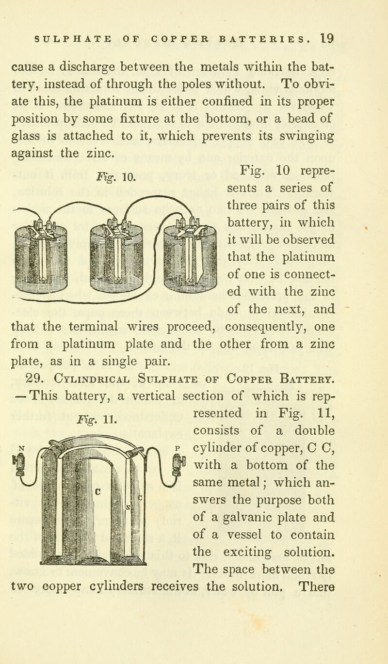 cause a discharge between the metals within the bat- tery, instead of through the poles without. To obvi- ate this, the platinum is either confined in its proper position by some fixture at the bottom, or a bead of glass is attached to it, which prevents its swinging against the zinc. Kg-. 10. ^'S- ^^ '■^P'^®- sents a series of three pairs of this battery, in which it will be observed that the platinum of one is connect- ed with the zinc of the next, and that the terminal wires proceed, consequently, one from a platinum plate and the other from a zinc plate, as in a single pair. 29. Cylindrical Sulphate of Copper Battery. — This battery, a vertical section of which is rep- ^^^ ^^ resented in Fig. 11, consists of a double cylinder of copper, C C, with a bottom of the same metal; which an- swers the purpose both of a galvanic plate and of a vessel to contain the exciting solution. The space between the two copper cylinders receives the solution. There