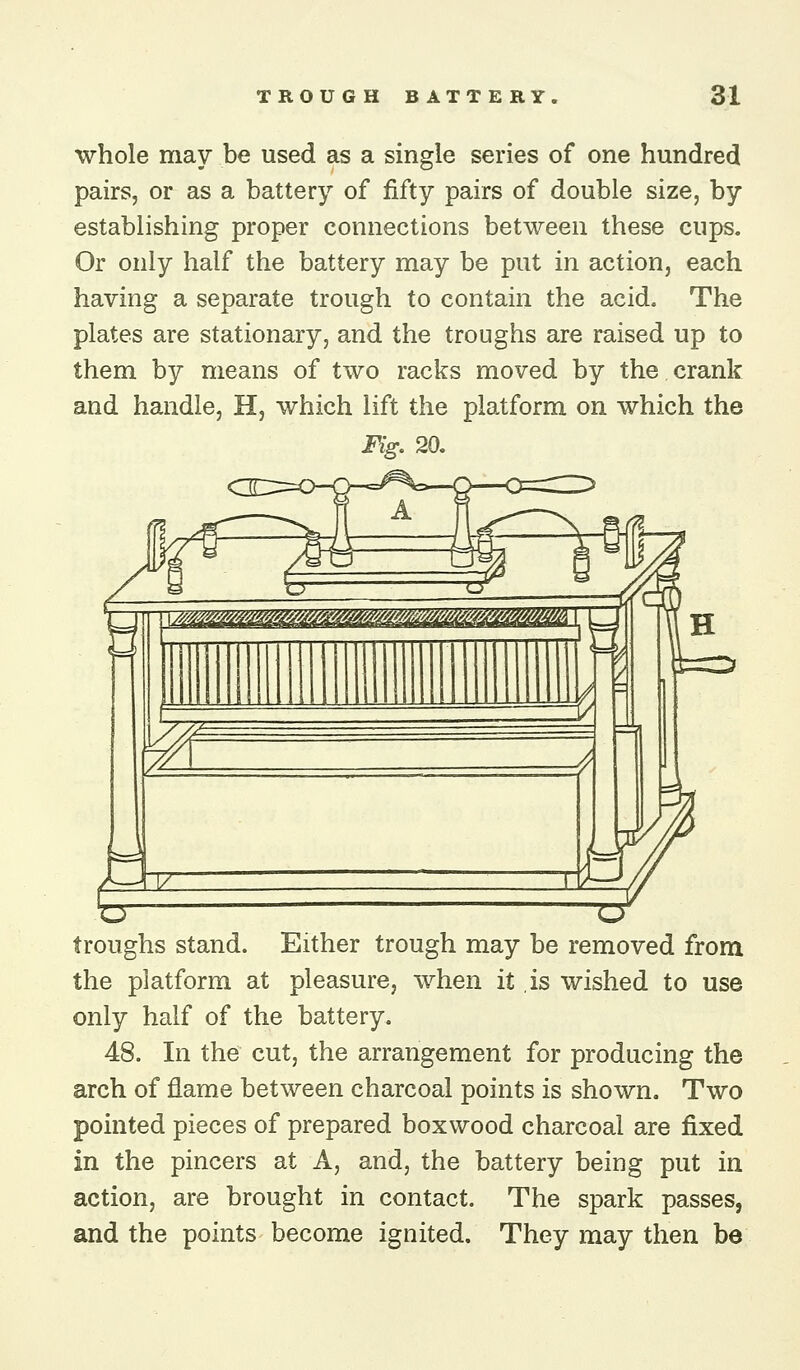 whole may be used as a single series of one hundred pairs, or as a battery of fifty pairs of double size, by establishing proper connections between these cups. Or only half the battery may be put in action, each having a separate trough to contain the acid. The plates are stationary, and the troughs are raised up to them by means of two racks moved by the crank and handle, H, which lift the platform on which the Fig. 20. xy —^ troughs stand. Either trough may be removed from the platform at pleasure, when it is wished to use only half of the battery. 48. In the cut, the arrangement for producing the arch of flame between charcoal points is shown. Two pointed pieces of prepared boxwood charcoal are fixed in the pincers at A, and, the battery being put in action, are brought in contact. The spark passes, and the points become ignited. They may then be