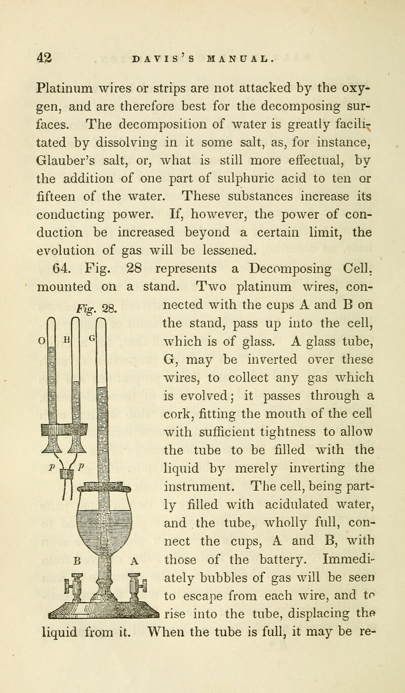 Fig, 28. Platinum wires or strips are not attacked by the oxy- gen, and are therefore best for the decomposing sur- faces. The decomposition of water is greatly faciU^ tated by dissolving in it some salt, as, for instance, Glauber's salt, or, what is still more effectual, by the addition of one part of sulphuric acid to ten or fifteen of the water. These substances increase its conducting power. If, however, the power of con- duction be increased beyond a certain limit, the evolution of gas will be lessened. 64. Fig. 28 represents a Decomposing Cell, mounted on a stand. Two platinum wires, con- nected with the cups A and B on the stand, pass up into the cell, which is of glass. A glass tube, G, may be inverted over these wires, to collect any gas which is evolved; it passes through a cork, fitting the mouth of the cell with sufficient tightness to allow the tube to be filled with the liquid by merely inverting the instrument. The cell, being part* ly filled with acidulated water, and the tube, wholly full, con- nect the cups, A and B, with those of the battery. Immedi- ately bubbles of gas will be seen to escape from each wire, and to rise into the tube, displacing the liquid from it. When the tube is full, it may be re-