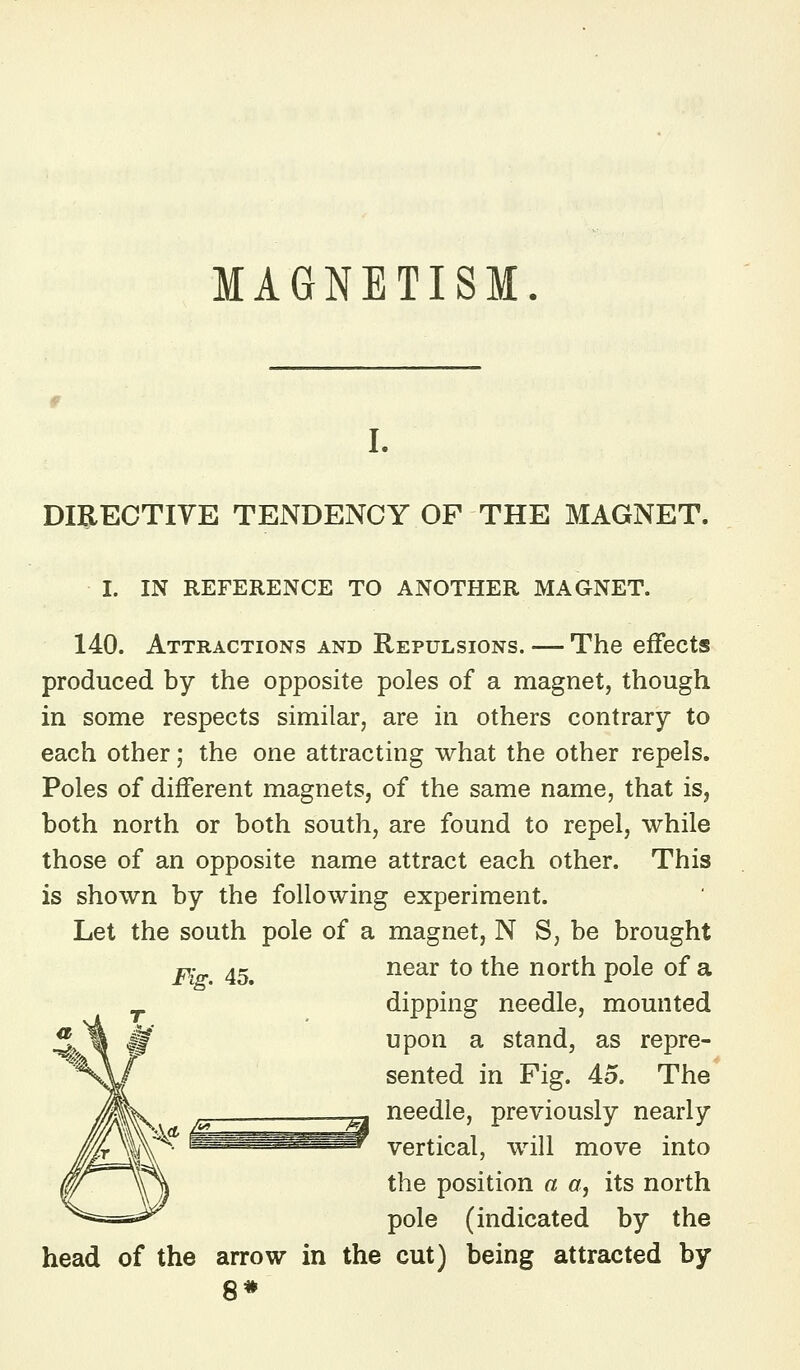 MAGNETISM. I. DIRECTIYE TENDENCY OF THE MAGNET. I. IN REFERENCE TO ANOTHER MAGNET. 140. Attractions and Repulsions. — The effects produced by the opposite poles of a magnet, though in some respects similar, are in others contrary to each other; the one attracting what the other repels. Poles of different magnets, of the same name, that is, both north or both south, are found to repel, while those of an opposite name attract each other. This is shown by the following experiment. Let the south pole of a magnet, N S, be brought Fig. 45. near to the north pole of a dipping needle, mounted upon a stand, as repre- sented in Fig. 45. The needle, previously nearly vertical, will move into the position a a, its north pole (indicated by the head of the arrow in the cut) being attracted by 8*