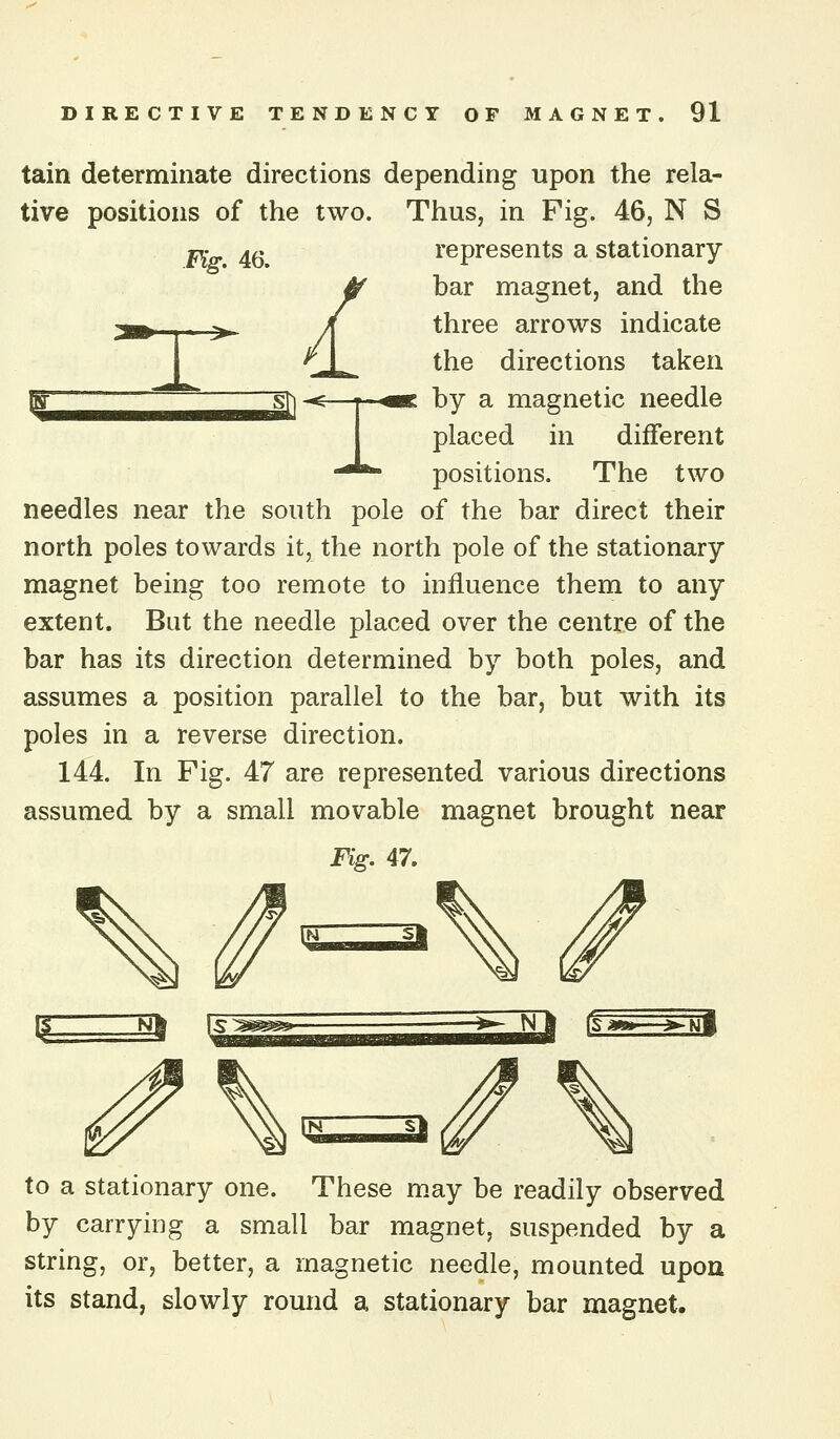 tain determinate directions depending upon the rela- tive positions of the two. Thus, in Fig. 46, N S Fig. 46. represents a stationary bar magnet, and the three arrows indicate the directions taken K by a magnetic needle placed in different positions. The two needles near the south pole of the bar direct their north poles towards it, the north pole of the stationary magnet being too remote to influence them to any extent. But the needle placed over the centre of the bar has its direction determined by both poles, and assumes a position parallel to the bar, but with its poles in a reverse direction. 144. In Fig. 47 are represented various directions assumed by a small movable magnet brought near Fig. 47. to a stationary one. These m.ay be readily observed by carrying a small bar magnet, suspended by a string, or, better, a magnetic needle, mounted upon its stand, slowly round a stationary bar magnet.