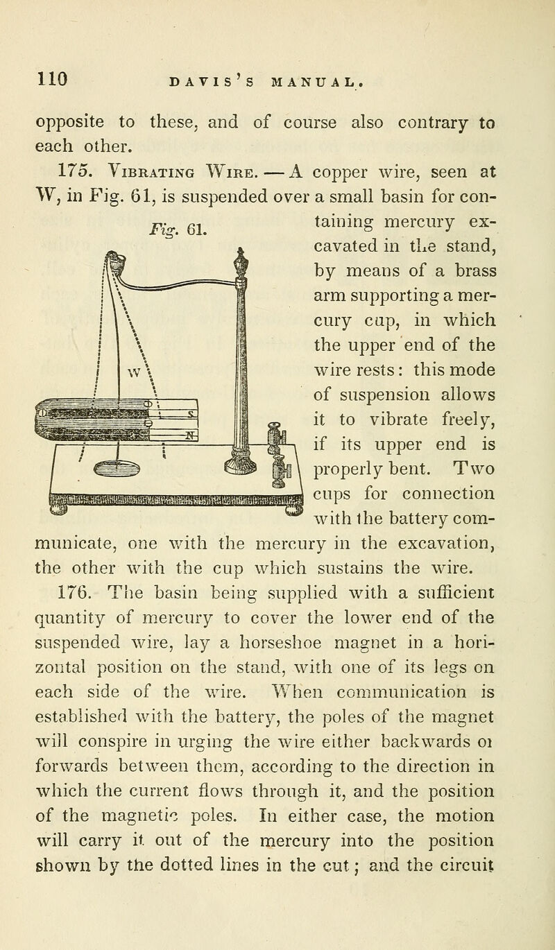 Fig. 61. opposite to these, and of course also contrary to each other. 175. Vibrating Wire. — A copper wire, seen at W, in Fig. 61, is suspended over a small basin for con- taining mercury ex- cavated in the stand, by means of a brass arm supporting a mer- cury cap, in which the upper end of the wire rests: this mode of suspension allows it to vibrate freely, if its upper end is properly bent. Two cups for connection with the battery com- municate, one with, the mercury in the excavation, the other with the cup which sustains the wire. 176. The basin being supplied with a sufficient quantity of mercury to cover the lower end of the suspended wire, lay a horseshoe magnet in a hori- zontal position on the stand, with one of its legs on each side of the wire. When communication is established with the battery, the poles of the magnet will conspire in urging the wire either backwards oi forwards between them, according to the direction in which the current flows through it, and the position of the magnetic poles. In either case, the motion will carry it out of the mercury into the position shown by the dotted lines in the cut; and the circuit ^aii^A«t!iM»4taf;;^s^i^^^^^^^