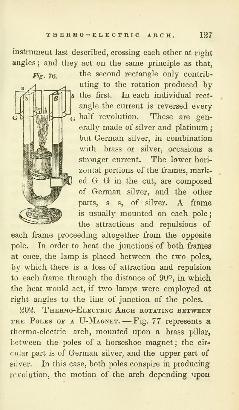 instrument last described, crossing each other at right angles; and they act on the same principle as that, Fie;. 76, ^^^ second rectangle only contrib- uting to the rotation produced by s the first. In each individual rect- angle the current is reversed every q half revolution. These are gen- erally made of silver and platinum; but German silver, in combination with brass or silver, occasions a stronger current. The lower hori- zontal portions of the frames, mark- ed G G in the cut, are composed of German silver, and the other parts, s s, of silver. A frame is usually mounted on each pole; the attractions and repulsions of each frame proceeding altogether from the opposite pole. In order to heat the junctions of both frames at once, the lamp is placed between the two poles, by which there is a loss of attraction and repulsion to each frame through the distance of 90^, in which the heat would act, if two lamps were employed at right angles to the line of junction of the poles. 202. Thermo-Electric Arch rotating between THE Poles of a U-Magnet. — Fig. 77 represents a thermo-electric arch, mounted upon a brass pillar, between the poles of a horseshoe magnet -, the cir- cular part is of German silver, and the upper part of silver. In this case, both poles conspire in producing revolution, the motion of the arch depending npon