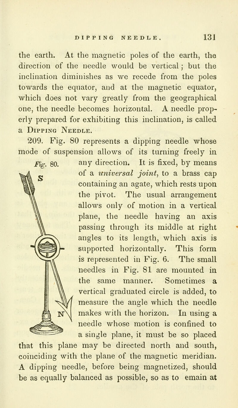 the earth. At the magnetic poles of the earth, the direction of the needle would be vertical; but the inclination diminishes as we recede from the poles towards the equator, and at the magnetic equator, which does not vary greatly from the geographical one, the needle becomes horizontal. A needle prop- erly prepared for exhibiting this inclination, is called a Dipping Needle. 209. Fig. 80 represents a dipping needle whose mode of suspension allows of its turning freely in Fig. 80. ^^y direction. It is fixed, by means of a universal joi7it, to a brass cap containing an agate, which rests upon the pivot. The usual arrangement allows only of motion in a vertical plane, the needle having an axis passing through its middle at right angles to its length, Avhich axis is supported horizontally. This form is represented in Fig. 6. The small needles in Fig. 81 are mounted in the same manner. Sometimes a vertical graduated circle is added, to measure the angle which the needle makes with the horizon. In using a needle whose motion is confined to a single plane, it must be so placed that this plane may be directed north and south, coinciding with the plane of the magnetic meridian. A dipping needle, before being magnetised, should be as equally balanced as possible, so as to emain at