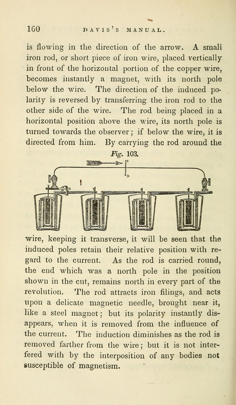 is flowing in the direction of the arrow. A small iron rod, or short piece of iron wire, placed vertically in front of the horizontal portion of the copper wire, becomes instantly a magnet, with its north pole below the wire. The direction of the induced po- larity is reversed by transferring the iron rod to the other side of the wire. The rod being placed in a horizontal position above the wire, its north pole is turned towards the observer; if below the wire, it is directed from him. By carrying the rod around the Fig, 103. wire, keeping it transverse, it will be seen that the induced poles retain their relative position with re- gard to the current. As the rod is carried round, the end which was a north pole in the position shown in the cut, remains north in every part of the revolution. The rod attracts iron filings, and acts upon a delicate magnetic needle, brought near it, like a steel magnet; but its polarity instantly dis- appears, when it is removed from the influence of the current. The induction diminishes as the rod is removed farther from the wire; but it is not inter- fered with by the interposition of any bodies not susceptible of magnetism.