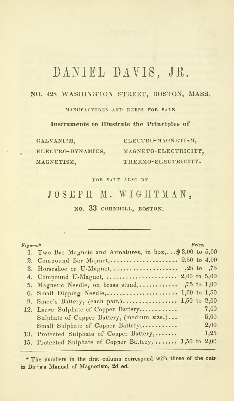 DANIEL DAVIS, JR. NO. 423 WASHINGTON STREET, BOSTON, MASS. MANUFACTURES AND KEEPS FOR SALE Instruments to illustrate the Principles of GALVANISM, ELECTRO-MAGNETISM. ELECTRO-DYNAMICS, MAGNETO-ELECTRICITY, MAGNETISM, THERMO-ELECTRICITY. FOR SALE ALSe BY JOSEPH M. WIGHTMAN, NO. 33 CORNHILL, BOSTON. Figure.* Price. 1. Two Bar Magnets and Armatures, in box,...$3,00 to 5,00 2. Compound Bar Magnet, 2,50 to 4,00 3. Horseshoe or U-Magnet, ,25 to ,75 4. Compound U-Magnet, 2,00 to 5,00 5. Magnetic Needle, on brass stand, ,75 to 1,00 6. Small Dipping Needle, 1,00 to 1,50 9. Smee's Battery, (each pair,) 1,50 to 2,00 12. Large Sulphate of Copper Battery, 7,00 Sulphate of Copper Battery, (medium size,)... 5,00 Small Sulphate of Copper Battery, 2,00 13. Protected Sulphate of Copper Battery, 1,25 15. Protected Sulphate of Copper Battery, 1,50 to 2,0C * The numbers in the first column correspond with those of the cut* in Da'^'s's Manual of Magnetism, 2d ed.