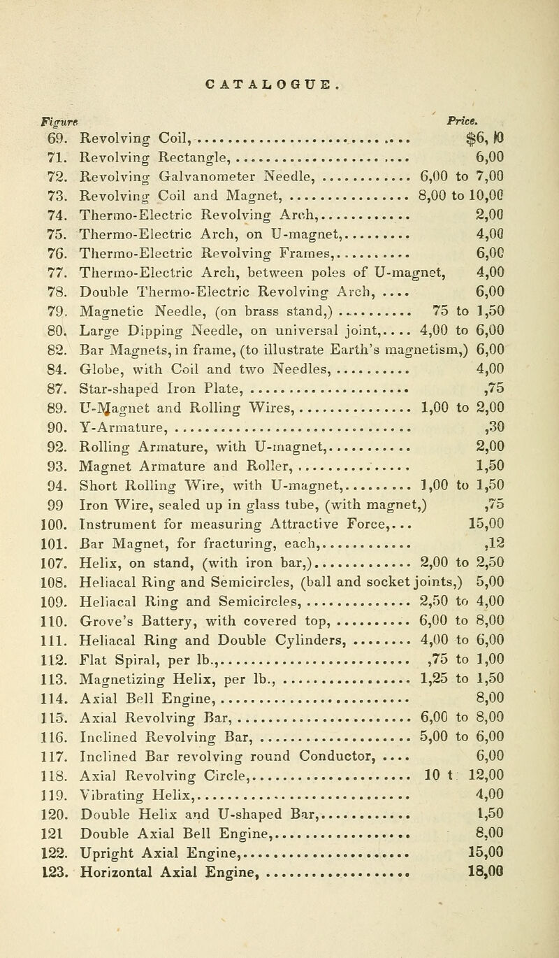 CATALOGUE. Fig'ure. Price. 69. Revolving Coil, $6, K) 71. Revolving Rectangle, 6,00 72. Revolving Galvanometer Needle, 6,00 to 7,00 73. Revolving Coil and Magnet, 8,00 to 10,00 74. Thermo-Electric Revolving Are.h, 2,00 75. Therrao-Electric Arch, on U-inagnet, 4,00 76. Thermo-Electric Revolving Frames, 6,00 77. Thermo-Electric Arch, between poles of U-magnet, 4,00 78. Double Thermo-Electric Revolving Arch, .... 6,00 79. Magnetic Needle, (on brass stand,) 75 to 1,50 80. Large Dipping Needle, on universal joint,.... 4,00 to 6,00 82. Bar Magnets, in frame, (to illustrate Earth's niagnetism,) 6,00 84. Globe, with Coil and two Needles, 4,00 87. Star-shaped Iron Plate, ,75 89. U-Magnet and Rolling Wires, 1,00 to 2,00 90. Y-Armature, ,30 92. Rolling Armature, with U-magnet, 2,00 93. Magnet Armature and Roller, 1,50 94. Short Rolling Wire, with U-magnet, 1,00 to 1,50 99 Iron Wire, sealed up in glass tube, (with magnet,) ,75 100. Instrument for measuring Attractive Force,... 15,00 101. Bar Magnet, for fracturing, each, ,12 107. Helix, on stand, (with iron bar,) 2,00 to 2,50 108. Heliacal Ring and Semicircles, (ball and socket joints,) 5,00 109. Heliacal Ring and Semicircles, 2,50 to 4,00 110. Grove's Battery, with covered top, 6,00 to 8,00 111. Heliacal Ring and Double Cylinders, 4,00 to 6,00 112. Flat Spiral, per lb., ,75 to 1,00 113. Magnetizing Helix, per lb., 1,25 to 1,50 114. Axial Bell Engine, 8,00 115. Axial Revolving Bar, 6,00 to 8,00 116. Inclined Revolving Bar, 5,00 to 6,00 117. Inclined Bar revolving round Conductor, .... 6,00 118. Axial Revolving Circle, 10 t 12,00 119. Vibrating Helix, 4,00 120. Double Helix and U-shaped Bar, 1,50 121 Double Axial Bell Engine, 8,00 122. Upright Axial Engine, 15,00 123. Horizontal Axial Engine, 18,00