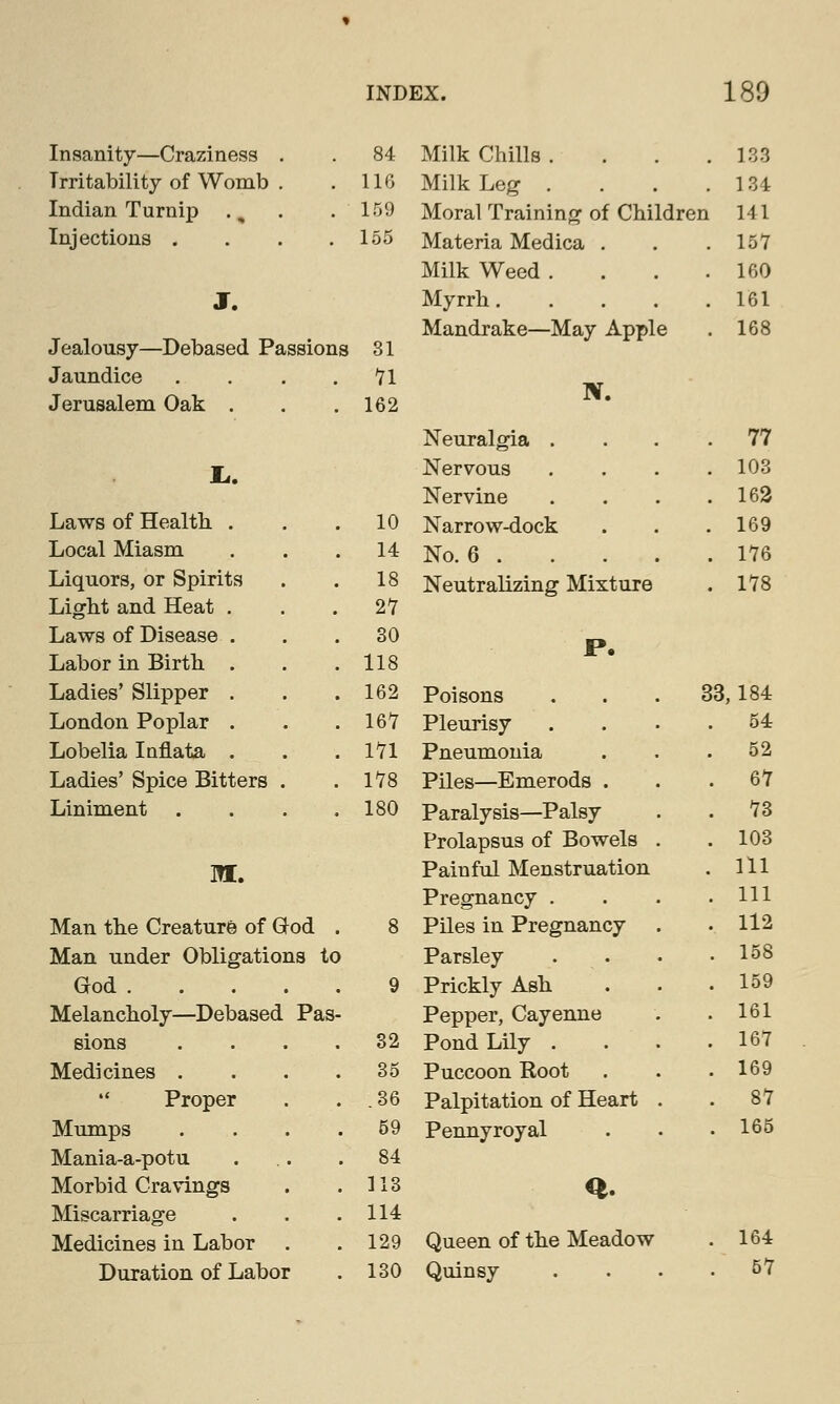 Insanity—Craziness . . 84 Irritability of Womb . . 116 Indian Turnip .m . 159 Injections . . . .155 J. Jealousy—Debased Passions 31 Jaundice . . . 71 Jerusalem Oak . . .162 Laws of Health . Local Miasm Liquors, or Spirits Light and Heat . Laws of Disease . Labor in Birth . Ladies' Slipper . London Poplar . Lobelia Inflata . Ladies' Spice Bitters Liniment M. Man the Creature of God . Man under Obligations to God . Melancholy—Debased sions Medicines .  Proper Mumps Mania-a-potu Morbid Cravings Miscarriage Medicines in Labor Duration of Labor Pas 10 14 18 27 30 118 162 167 171 178 180 32 35 .36 59 84 113 114 129 130 Milk Chills . Milk Leg . Moral Training of Children Materia Medica . Milk Weed .... Myrrh Mandrake—May Apple Neuralgia . Nervous Nervine Narrow-dock No. 6 . Neutralizing Mixture Poisons Pleurisy Pneumonia Piles—Emerods . Paralysis—Palsy Prolapsus of Bowels Painful Menstruation Pregnancy . Piles in Pregnancy Parsley Prickly Ash Pepper, Cayenne Pond Lily . Puccoon Root Palpitation of Heart Pennyroyal <*. Queen of the Meadow Quinsy 33, 133 134 141 157 160 161 168 77 103 162 169 176 178 184 54 52 67 73 103 111 111 112 158 159 161 167 169 87 165 164 57