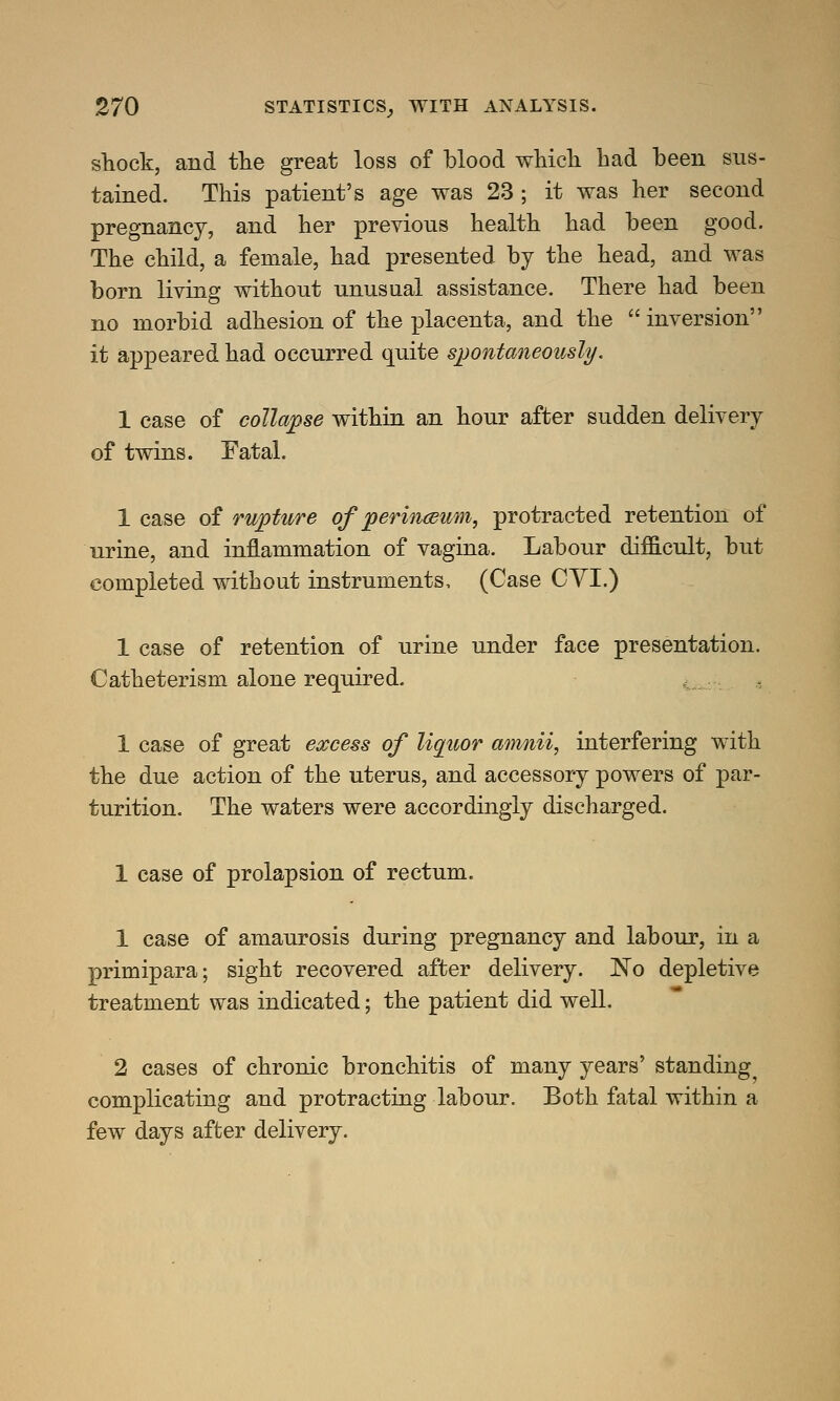 shock, and the great loss of blood which had been sus- tained. This patient's age was 23 ; it was her second pregnancy, and her previous health had been good. The child, a female, had presented by the head, and was born living without unusual assistance. There had been no morbid adhesion of the placenta, and the  inversion it appeared had occurred quite spontaneously. 1 case of collapse within an hour after sudden delivery of twins. Eatal. 1 case of rupture of perineum, protracted retention of urine, and inflammation of vagina. Labour difficult, but completed without instruments, (Case CYI.) 1 case of retention of urine under face presentation. Catheterism alone required. 1 case of great excess of liquor amnii, interfering with the due action of the uterus, and accessory powers of par- turition. The waters were accordingly discharged. 1 case of prolapsion of rectum. 1 case of amaurosis during pregnancy and labour, in a primipara; sight recovered after delivery. JSTo depletive treatment was indicated; the patient did well. 2 cases of chronic bronchitis of many years' standing complicating and protracting labour. Both fatal within a few days after delivery.