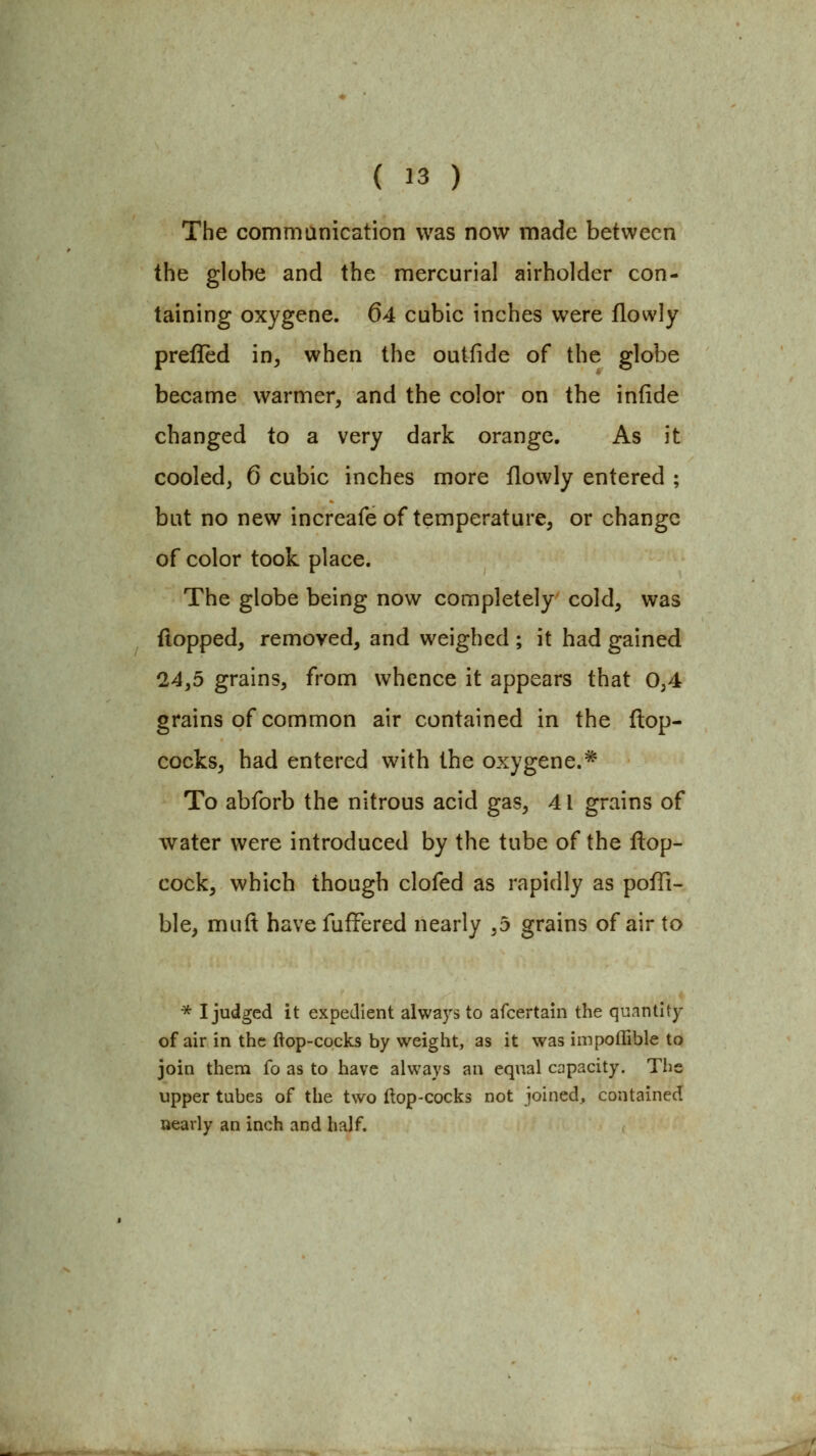 The communication was now made between the globe and the mercurial airholder con- taining oxygene. 64 cubic inches were flowly prefled in, when the outfide of the globe became warmer, and the color on the infide changed to a very dark orange. As it cooled, 6 cubic inches more flowly entered ; but no new increafe of temperature, or change of color took place. The globe being now completely cold, was {lopped, removed, and weighed ; it had gained 24,5 grains, from whence it appears that 0,4 grains of common air contained in the ftop- cocks, had entered with the oxygene.* To abforb the nitrous acid gas, 41 grains of water were introduced by the tube of the flop- cock, which though clofed as rapidly as pofTi- ble, muft have fufFered nearly ,5 grains of air to * I judged it expedient always to afcertain the quantity of air in the ftop-cocks by weight, as it was impoffible to join them fo as to have always an equal capacity. The upper tubes of the two ftop-cocks not joined, contained nearly an inch and half.