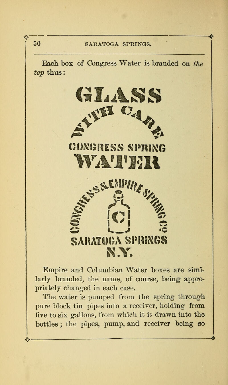 <>- 50 SARATOGA SPRINGS. Each box of Congress Water is branded on the top thus: iki ,4 43 43 WATI5H t |c| t N.V. Empire and Columbian Water boxes are simi- larly branded, the name, of course, being appro- priately changed in each case. The water is pumped from the spring through pure block tin pipes into a receiver, holding from five to six gallons, from which it is drawn into the bottles ; the pipes, pump, and receiver being so