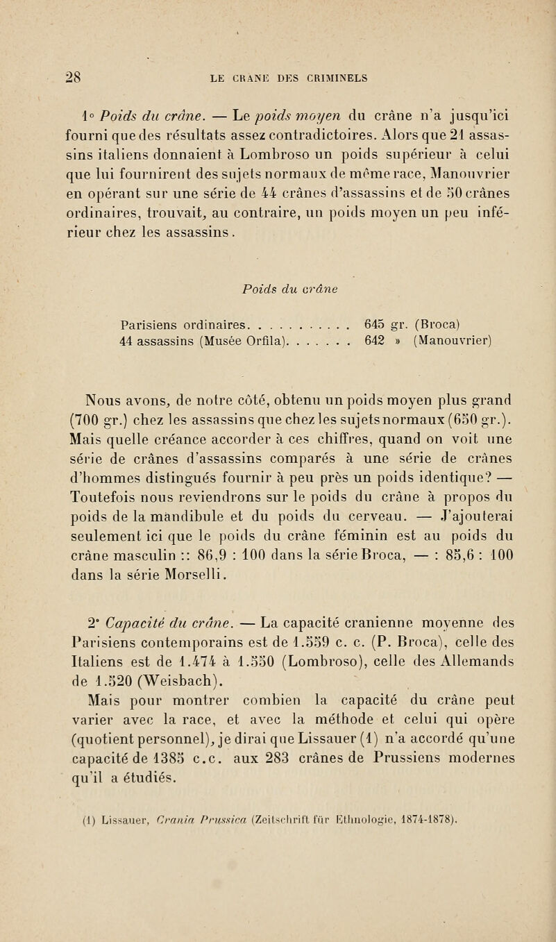 1° Poids du crâne. — Le poids moyen du crâne n'a jusqu'ici fourni que des résultats assez contradictoires. Alors que 21 assas- sins italiens donnaient à Lombroso un poids supérieur à celui que lui fournirent des sujets normaux de même race, Manouvrier en opérant sur une série de 44 crânes d'assassins et de 50 crânes ordinaires, trouvait,, au contraire, un poids moyen un peu infé- rieur chez les assassins. Poids du crâne Parisiens ordinaires 645 gr. (Broca) 44 assassins (Musée Orfila) 642 » (Manouvrier) Nous avons, de notre côté, obtenu un poids moyen plus grand (700 gr.) chez les assassins que chez les sujetsnormaux (650 gr.). Mais quelle créance accorder à ces chiffres, quand on voit une série de crânes d'assassins comparés à une série de crânes d'hommes distingués fournir à peu près un poids identique? — Toutefois nous reviendrons sur le poids du crâne à propos du poids de la mandibule et du poids du cerveau. — J'ajouterai seulement ici que le poids du crâne féminin est au poids du crâne masculin :: 86,9 : 100 dans la série Broca, — : 85,6 : 100 dans la série Morselli. 2° Capacité du crâne. — La capacité crânienne moyenne des Parisiens contemporains est de 1.559 c. c. (P. Broca), celle des Italiens est de 1.474 à 1.550 (Lombroso), celle des Allemands de 1.520 (Weisbach). Mais pour montrer combien la capacité du crâne peut varier avec la race, et avec la méthode et celui qui opère (quotient personnel), je dirai que Lissauer (1) n'a accordé qu'une capacité de 1385 ce. aux 283 crânes de Prussiens modernes qu'il a étudiés. (1) Lissauer, Cranta Prussica (Zeitschrift fur Ethnologie, 1874-1878).