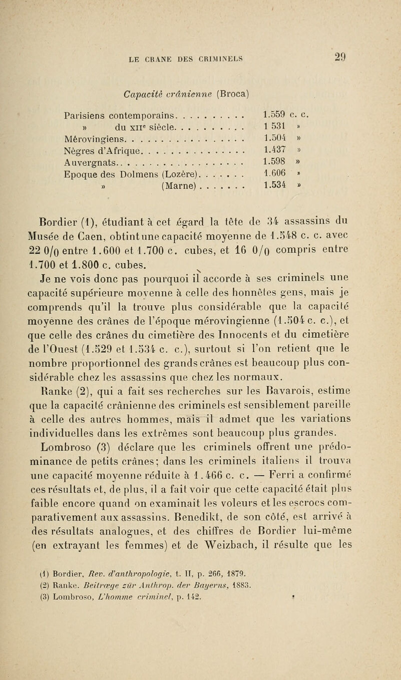 Capacité crânienne (Broca) Parisiens contemporains 1.559 c. c. » du XIIe siècle 1 531 » Mérovingiens 1.504 » Nègres d'Afrique 1.437 » Auvergnats 1.598 » Epoque des Dolmens (Lozère) 1.606 » » (Marne) 1.534 » Bordier (1), étudiant à cet égard la tête de 34 assassins du Musée de Gaen, obtint une capacité moyenne de 1.548 c. c. avec 22 0/o entre 1.600 et 1.700 c. cubes, et 16 0/o compris entre 1.700 et 1.800 c. cubes. Je ne vois donc pas pourquoi il accorde à ses criminels une capacité supérieure moyenne à celle des honnêtes gens, mais je comprends qu'il la trouve plus considérable que la capacité moyenne des crânes de l'époque mérovingienne (1.504 c. c), et que celle des crânes du cimetière des Innocents et du cimetière de l'Ouest (1.529 et 1.534 c. c), surtout si l'on retient que le nombre proportionnel des grands crânes est beaucoup plus con- sidérable chez les assassins que chez les normaux. Ranke (2), qui a fait ses recherches sur les Bavarois, estime que la capacité crânienne des criminels est sensiblement pareille à celle des autres hommes, mais il admet que les variations individuelles dans les extrêmes sont beaucoup plus grandes. Lombroso (3) déclare que les criminels offrent une prédo- minance de petits crânes; dans les criminels italiens il trouva une capacité moyenne réduite à 1.466 c. c. — Ferri a confirmé ces résultats et, de plus, il a fait voir que cette capacité était plus faible encore quand on examinait les voleurs et les escrocs com- parativement aux assassins. Benedikt, de son côté, est arrivé à des résultats analogues, et des chiffres de Bordier lui-même (en extrayant les femmes) et de Weizbach, il résulte que les (1) Bordier, Rev. d'anthropologie, t. II, p. 266, 1879. (2) Ranke. Beitrœge sûr Anthrop. der Bayerns, 1883. (3) Lombroso, L'homme criminel, p. 142. •