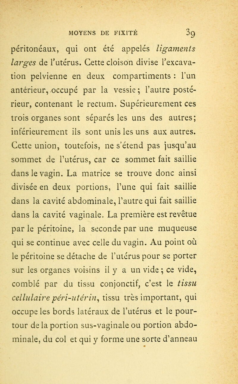 péritonéaux, qui ont été appelés ligaments larges de l'utérus. Cette cloison divise l'excava- tion pelvienne en deux compartiments : l'un antérieur, occupé par la vessie ; l'autre posté- rieur, contenant le rectum. Supérieurement ces trois organes sont séparés les uns des autres; inférieurement ils sont unis les uns aux autres. Cette union, toutefois, ne s'étend pas jusqu'au sommet de l'utérus, car ce sommet fait saillie dans le vagin. La matrice se trouve donc ainsi divisée en deux portions, Tune qui fait saillie dans la cavité abdominale, l'autre qui fait saillie dans la cavité vaginale. La première est revêtue parle péritoine, la seconde par une muqueuse qui se continue avec celle du vagin. Au point où le péritoine se détache de l'utérus pour se porter sur les organes voisins il y a un vide ; ce vide, comblé par du tissu conjonctif, c'est le tissu cellulaire péri-utérin, tissu très important, qui occupe les bords latéraux de l'utérus et le pour- tour de la portion sus-vaginale ou portion abdo- minale, du col et qui y forme une sorte d'anneau