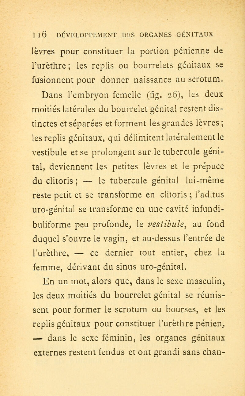 lèvres pour constituer la portion pénienne de Turèthre ; les replis ou bourrelets génitaux se fusionnent pour donner naissance au scrotum. Dans l'embryon femelle (tig. 26), les deux moitiés latérales du bourrelet génital restent dis- tinctes et séparées et forment les grandes lèvres ; les replis génitaux, qui délimitent latéralement le vestibule et se prolongent sur le tubercule géni- tal, deviennent les petites lèvres et le prépuce du clitoris ; — le tubercule génital lui-même reste petit et se transforme en clitoris ; l'aditus uro-génital se transforme en une cavité infundi- buliforme peu profonde, le vestibule, au fond duquel s'ouvre le vagin, et au-dessus l'entrée de Turèthre, — ce dernier tout entier, chez la femme, dérivant du sinus uro-génital. En un mot, alors que, dans le sexe masculin, les deux moitiés du bourrelet génital se réunis- sent pour former le scrotum ou bourses, et les replis génitaux pour constituer l'urèthre pénien, — dans le sexe féminin, les organes génitaux externes restent fendus et ont grandi sans chan-