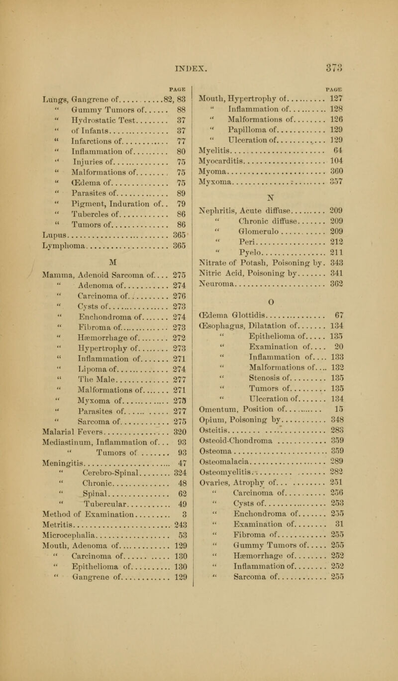PAGE Lungs, Gangrene of 82, 83  Gummy Tumors of 88  Hydrostatic Test 37  of Infants 37  Infarctions of 77  Inflammation of 80  Injuries of 75 11 Malformations of 75  (Edema of 75 Parasites of 89  Pigment, Induration of.. 79  Tubercles of 86  Tumors of 86 Lupus 365 Lymphoma 365 M Mamma, Adenoid Sarcoma of.... 275  Adenoma of 274 Carcinoma of 276 Cysts of 273 Encliondroma of 274 Fibroma of. 273 Haemorrhage of 272 Hypertrophy of 273  Inflammation of 271 Lipoma of 274 The Male 277 Malformations of 271 Myxoma of 275 Parasites of 277 Sarcoma of 275 Malarial Fevers 320 Mediastinum, Inflammation of. . . 93 Tumors of. 93 Meningitis 47  Cerebro-Spinal 324 Chronic 48 Spinal 62 Tubercular 49 Method of Examination 3 Metritis 243 Microcephalia 53 Mouth, Adenoma of 129  Carcinoma of 130 Epithelioma of 130  Gangrene of 129 PAGE Mouth, Hypertrophy of 127  Inflammation of 128  Malformations of 126 Papilloma of 129 Ulceration of 129 Myelitis 64 Myocarditis 104 Myoma 360 Myxoma : 357 N Nephritis, Acute diffuse 209 Chronic diffuse 209 Glomerulo 209 Peri 212 Pyelo 211 Nitrate of Potash, Poisoning by. 343 Nitric Acid, Poisoning by 341 Neuroma 362 O (Edema Glottidis 67 (Esophagus, Dilatation of 134  Epithelioma of 135  Examination of.... 20  Inflammation of.... 133  Malformations of. ... 132 Stenosis of 135 Tumors of 135  Ulceration of 134 Omentum, Position of 15 Opium, Poisoning by 348 Osteitis ; 283 Osteoid-Chondroma 359 Osteoma 359 Osteomalacia 289 Osteomyelitis. 282 Ovaries, Atrophy of 251  Carcinoma of 256 Cysts of 253  Encliondroma of 255  Examination of 31  Fibroma of 255  Gummy Tumors of 255  Haemorrhage of 252  Inflammation of 252  Sarcoma of 255