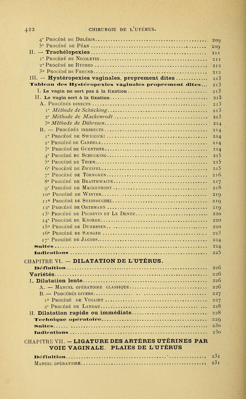 4° Procédé de Doléris 209 5° Procédé de Péan 209 II. — Trachélopexies 211 :° Procédé de Nicoletis 211 20 Procédé de Byford 212 3° Procédé de Freund 212 III. — Hystéropexies vaginales, proprement dites 213 Tableau des Hystéropexies vaginales proprement dites... 213 I. Le vagin ne sert pas à la fixation 21 3 11. Le vagin sert à la fixation -... 2i3 A. Procédés directs , 213 1 ° Méthode de Schilcking 213 2° Méthode de Mackenrodt 213 3° Méthode de Diihrssen 214 B. — Procédés indirects 214 i° Procédé de Swiccicki 214 20 Procédé de Gandela 214 3° Procédé de Guenther 214 40 Procédé de Schucking- 215 5° Procédé de Thiem 215 6° Procédé de Zweifel 215 70 Procédé de Tôrngren 216 8° Procédé de Braithwaite 217 g0 Procédé de Mackenrodt 218 1 o° Procédé de Winter 219 11° Procédé de Steinbuchel 219 12 Procédé de Orthmann 219 13° Procédé de Pichevin et Le Dentu 220 140 Procédé de Knorre 220 i5° Procédé de Dulirssen 220 16 Procédé de Songer 22 3 170 Procédé de Jacobs ■. 224 Suites , 224 Indications 225 CHAPITRE VI. — DILATATION DE L'UTÉRUS. Définition 226 Variétés 226 I. Dilatation lente 226 A. — Manuel opératoire classique 226 B. — Procédés divers 227 i° Procédé de Vulliet 227 2° Procédé de Landau 228 IL Dilatation rapide ou immédiate 228 Technique opératoire 229 Suites 23o Indications 2 30 CHAPITRE VII. — LIGATURE DES ARTÈRES UTÉRINES PAR VOIE VAGINALE. PLAIES DE L'UTÉRUS Définition  23 I Manuel opératoire 231