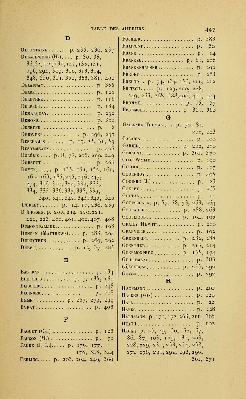 Defontaine p. 235, 236, 237 Delagénière (H.).... p. 3o, 35, 36,62,100, i3i, 142,135,15 1, 196, 294, 3og, 3io,3i3,314, 348, 35o, 351, 352, 353, 38i, 402 Delaunay p. 356 Delbet p. 120 Deletrez p. 116 Delpech p. 134 Demarquay p. 292 Démons p. 3o5 Deneffe p. 5 Derweer p. 296, 297 Deschamps p. 19,25,31,59 Desormeaux p. 403 Doléris .... p. 8, 73, 2o5, 209, 249 Dorsett p. 263 Doyen p. i35, i5i, i52, 161, 162, 163, 185,245,246,247, 294, 3o6, 310, 324, 332, 333, 334, 335, 336,337,338, 339, 340, 341, 342, 343,345, 346 Dudley. ....... p. 14, 17,238, 23g DiJHRSSEN. p. 205,2I4,220,22I, 222, 223,400,401, 402,407, 408 DUMONTPALLIER p. I98 Duncan (Matthews). ... p. 283, 294 DUPUYTREN p. 269, 292 DURET p. 12, 37, 285 Eastman p. 134 Edebohls p. 9, i35, 160 Elischer p. 245 Ellinger p. 228 Emmet p. 267, 279, 299 Evrat p. 403 Faguet (Ch.) p. 123 Faucon (M.) p. 71 Faure (J. L.) p. 176, 177, 178, 343, 344 Fehling p. 203,204, 249, 399 FOCHIER p Fraipont „.. p Frank p Frankel p. 61 Frankenhauser p Fredet p Freund . p. 94, 134, i56, 211 Fritsch p. 129,200, 228 249, 263, 268, 388,400, 401 Frommel p. 55 Fronmull p. 361 G Gaillard Thomas.... p. 72, 81 200 Galabin p Gariel p. 200 Gersuny p. 365 Gill Wylie p Girard p Godefroy p GODINHO (J.) p GOELET p GOTTAL p Gottschalk. p. 57, 58, 73, 2Ô3 Goubareff p. 258 GOULLIOUD. p. 164 Graily Hewitt p Granville p Greenhalg p. 282 GUENTHER p. 21 3 GUERMONPREZ p. I 35 GUILLEMEAU p GIJSSEROW p. 235 GUYON p H Hachmann p Hacker (von) p Hall p Hanks p Hartmann, p. 171,172,263,266 Heath p Hégar. p. 23, 29, 3o, 52, 6j 86, 87, io3, 109, 131, 2o3 228,229, 234, 253,254, 258 272, 276, 291, 292, 293, 296 365 447 383 39 14 205 292 26J 404 57 363 20j 200 280 370 196 117 405 23 265 11 264 263 i65 200 102 288 214 174 383 292 292 40 5 129 25 228 365 102 37i