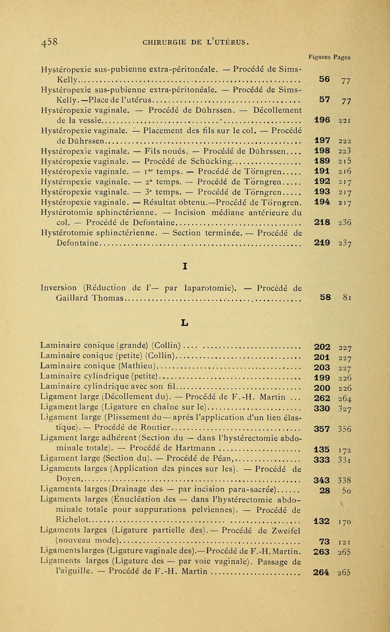 Figures Pages Hystéropexie sus-pubienne extra-péritonéale. — Procédé de Sims- Kelly 56 77 Hystéropexie sus-pubienne extra-péritonéale. — Procédé de Sims- Kelly.—Place de l'utérus 57 77 Hystéropexie vaginale. — Procédé de Duhrssen. — Décollement de la vessie ■ 196 221 Hystéropexie vaginale. — Placement des fils sur le col. — Procédé de Duhrssen 197 222 Hystéropexie vaginale. — Fils noués. — Procédé de Duhrssen.... 198 223 Hystéropexie vaginale. — Procédé de Schûcking 189 2i5 Hystéropexie vaginale. — 1 temps. — Procédé de Torngren 191 216 Hystéropexie vaginale. — 2° temps. — Procédé de Torngren 192 217 Hystéropexie vaginale. — 3e temps. — Procédé de Torngren 193 217 Hystéropexie vaginale. —Résultat obtenu.—Procédé de Torngren. 194 217 Hystérotomie sphinctérienne. — Incision médiane antérieure du col. — Procédé de Defontaine 218 236 Hystérotomie sphinctérienne. — Section terminée. — Procédé de Defontaine 219 237 Inversion (Réduction de 1'— par laparotomie). — Procédé de Gaillard Thomas 58 L Laminaire conique (grande) (Collin) » 202 227 Laminaire conique (petite) (Collin) 201 227 Laminaire conique (Mathieu) 203 227 Laminaire cylindrique (petite) igg 226 Laminaire cylindrique avec son fil 200 226 Ligament large (Décollement du). —• Procédé de F.-H. Martin ... 262 264 Ligament large (Ligature en chaîne sur le) 330 307 Ligament large (Plissement du — après l'application d'un lien élas- tique). — Procédé de Routier 357 355 Ligament large adhérent (Section du — dans l'hystérectomie abdo- minale totale). — Procédé de Hartmann 135 1 jo Ligament large (Section du). — Procédé de Péan, 333 331 Ligaments larges (Application des pinces sur les). — Procédé de Doyen 343 338 Ligaments larges (Drainage des — par incision para-sacrée) 28 5o Ligaments larges (Enucléation des — dans l'hystérectomie abdo- minale totale pour suppurations pelviennes). — Procédé de Richelot 132 Ligaments larges (Ligature partielle des). — Procédé de Zweifel (nouveau mode) 73 Ligamentslarges (Ligature vaginale des).—Procédé de F.-H. Martin. 263 2Ô5 Ligaments larges (Ligature des — par voie vaginale). Passage de l'aiguille. — Procédé de F.-H. Martin 264 265 170 121