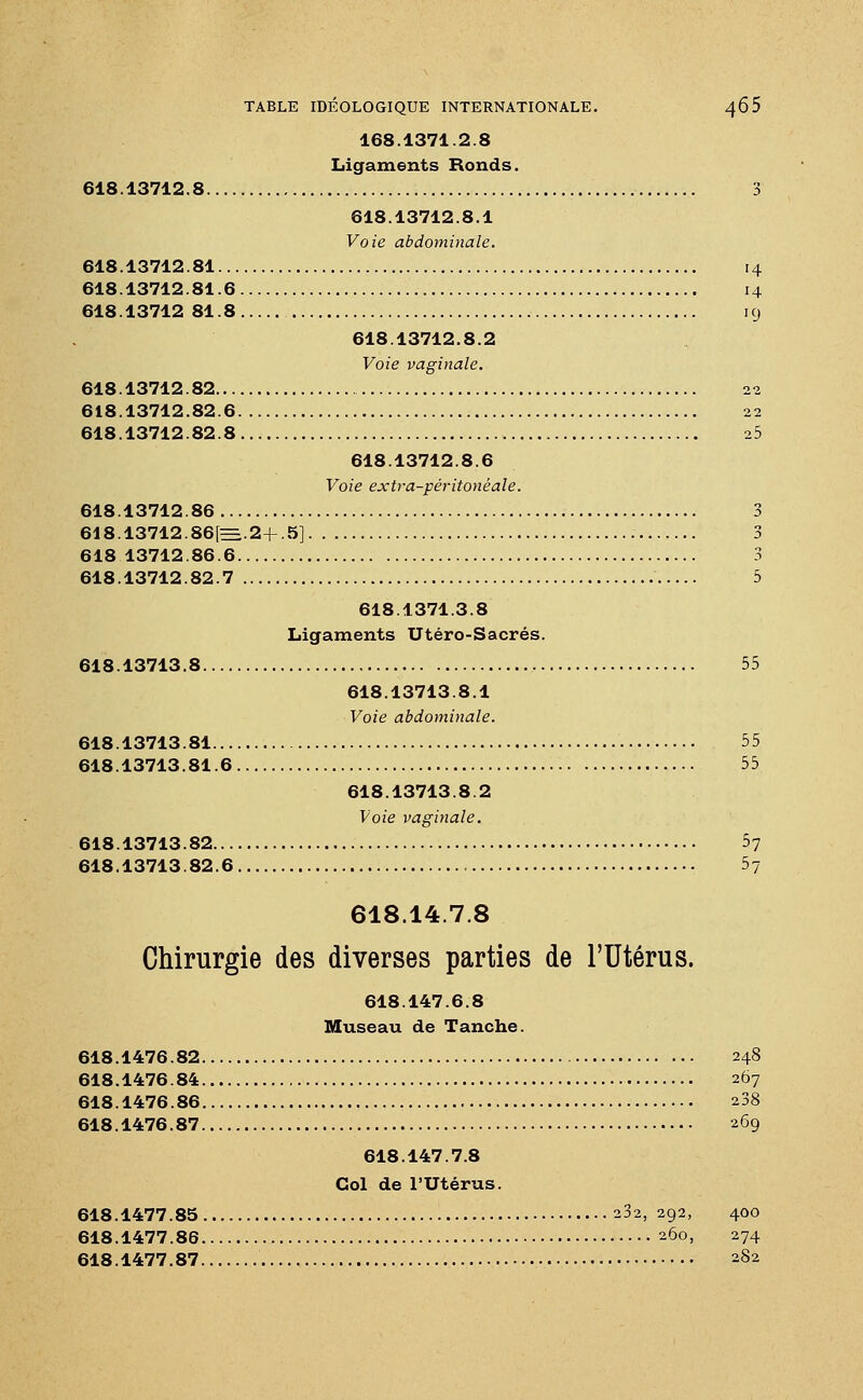 168.1371.2.8 Ligaments Ronds. 618.13712.8 3 618.13712.8.1 Voie abdominale. 618.13712.81 14 618.13712.81.6 14 618.13712 81.8 19 618.13712.8.2 Voie vaginale. 618.13712.82 22 618.13712.82.6 22 618.13712.82.8 ib 618.13712.8.6 Voie extra-péritonéale. 618.13712.86 3 618.13712.86[=.2+5] 3 618 13712.86.6 3 618.13712.82.7 5 618.1371.3.8 Ligaments Utéro-Sacres. 618.13713.8 55 618.13713.8.1 Voie abdominale. 618.13713.81 . 55 618.13713.81.6 55 618.13713.8.2 Voie vaginale. 618.13713.82 07 618.13713.82.6 57 618.14.7.8 Chirurgie des diverses parties de l'Utérus. 618.147.6.8 Museau de Tanche. 618.1476.82 248 618.1476.84 267 618.1476.86 238 618.1476.87 269 618.147.7.8 Col de l'Utérus. 618.1477.85 232, 292, 400 618.1477.86 260, 274 618.1477.87 282