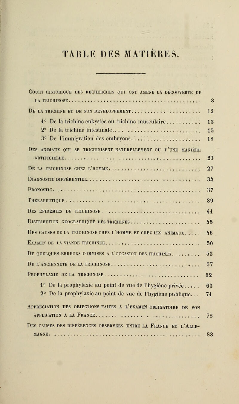 TABLE DES MATIERES. Court historique des recherches qui ont amené la découverte de LA trichinose 8 DE LA TRICHINE ET DE SON DÉVELOPPEMENT 12 1° De La trichine enkystée ou trichine musculaire 13 2° De la trichine intestinale . . 15 3° De l'immigration des embryons 18 Des animaux qui se trichinisent naturellement ou d'une manière artificielle 23 De la trichinose chez l'homme 27 Diagnostic différentiel 34 Pronostic „ 37 Thérapeutique , , 39 Des épidémies de trichinose 41 Distribution géographique des trichines 45 Des causes de la trichinose chez l'homme et chez les animaux 46 Examen de la viande trichinée 50 De quelques erreurs commises a l'occasion des trichines 53 De l'ancienneté de la trichinose 57 Prophylaxie de la trichinose 62 1° De la prophylaxie au point de vue de l'hygiène privée 63 2° De la prophylaxie au point de vue de l'hygiène publique. .. 71 Appréciation des objections faites a l'examen obligatoire de son application a la France 78 Des causes des différences observées entre la France et l'Alle- magne 83