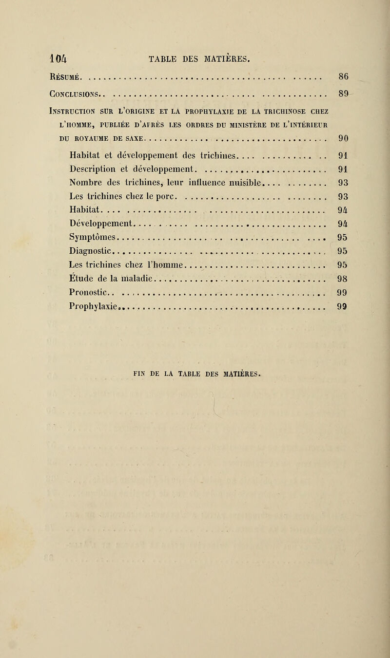 RÉSUMÉ 86 Conclusions 89 Instruction sur l'origine et la prophylaxie de la trichinose chez l'homme, publiée d'afrès les ordres du ministère de l'intérieur du royaume de saxe 90 Habitat et développement des trichines 91 Description et développement . 91 Nombre des trichines, leur influence nuisible 93 Les trichines chez le porc 93 Habitat 94 Développement. 94 Symptômes 95 Diagnostic 95 Les trichines chez l'homme 95 Étude de la maladie 98 Pronostic , 99 Prophylaxie» 99 FIN DE LA TABLE DES MATIERES.