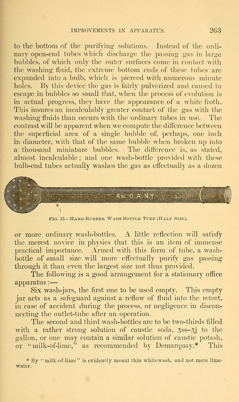 to the bottom of the purifying sokitions. Instead of the ordi- nary open-end tubes wliich discharge the passing gas in large bubbles, of which only the outer surfaces come in contact with the washing fluid, the extreme bottom ends of these tubes are expanded into a bulb, which is pierced with numerous minute holes. By this device the gas is fairly pulverized and caused to escape in bubbles so small that, when the process of evolution is in actual progress, they have the appearance of a white froth. This insures an incalculably greater contact of the gas with the washing fluids than occurs with the ordinary tubes in use. The contrast will be apparent when we compute the diflerence between the superficial area of a single bubble of, perhaps, one inch in diameter, with that of the same bubble when broken up into a thousand miniature bubbles. The diflerence is, as stated, almost mcalculable; and one wash-bottle provided with these bulb-end tubes actually washes the gas as eflectually as a dozen Fig. 12.—Hard-Rubber Wash-Bottle Tube (Half Size). or more ordinary wash-bottles. A little reflection will satisfy the merest novice in physics that this is an item of immense practical importance. Armed with this form of tube, a wash- bottle of .small size will more efiectually purify gas passing through it than even the largest size not thus provided. The following is a good arrangement for a stationary oflice apparatus:— Six wash-jars, the first one to be used empty. This empty jar acts as a safeguard against a reflow of fluid into the retort, in case of accident during the process, or negligence in discon- necting the outlet-tube after an operation. The second and third wash-bottles are to be two-thirds filled with a rather strong solution of caustic soda, Sss—gj to the gallon, or one may contain a similar solution of caustic potash, or  milk-of-lime, as recommended by Demarquay.* This * By milk-of-lime  is evidently meant thin whitewash, and not mere lime- water.