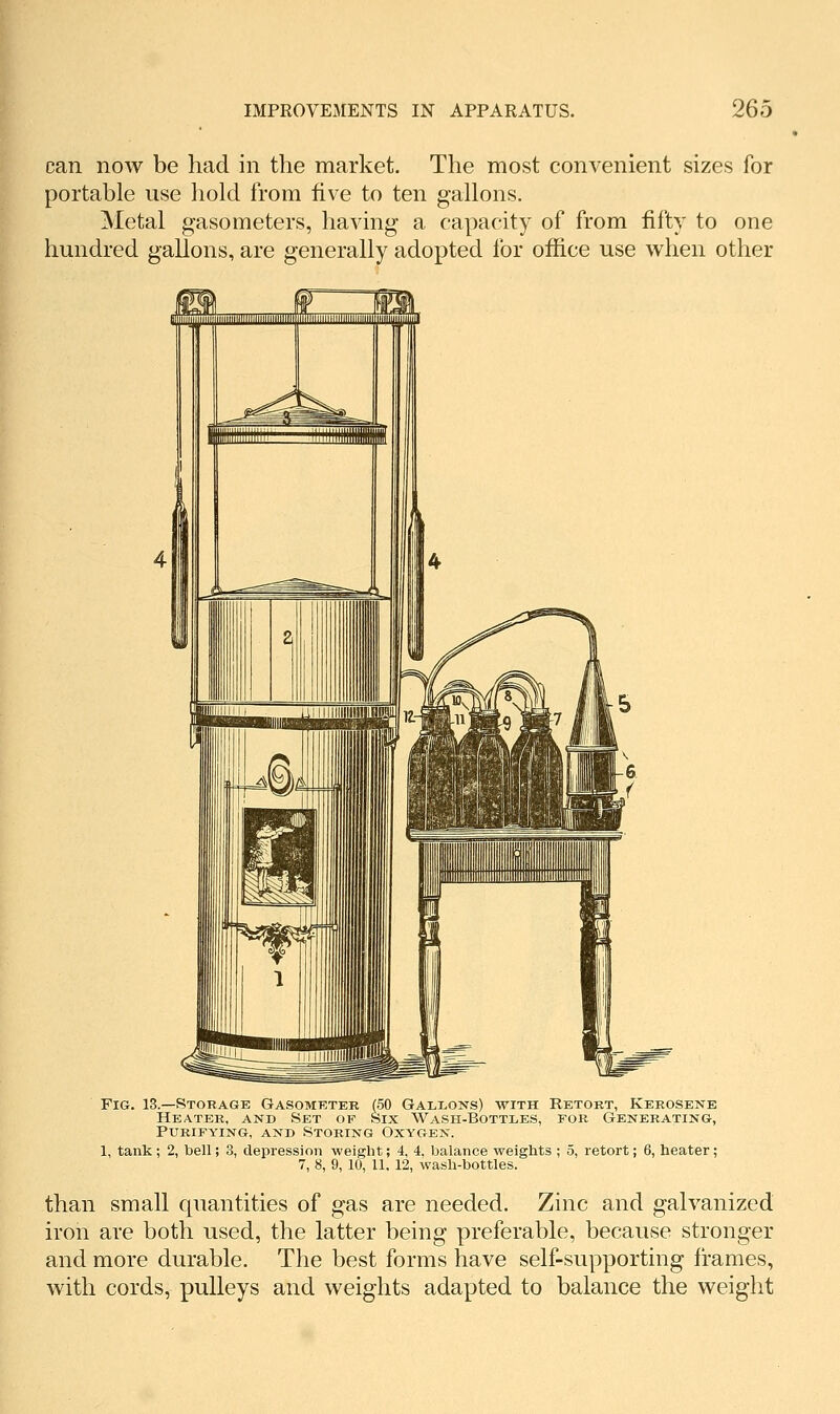 can now be had in the market. The most convenient sizes for portable use hold from five to ten gallons. Metal gasometers, having a capacity of from fifty to one hundred gallons, are generally adopted for office use when other Fig. 13.—Storage Gasometer (50 Gallons) with Retort, Kerosene Heater, and Set of Six Wash-Bottles, for Generating, Purifying, and Storing Oxygen. 1, tank; 2, bell; 3, depression weight; 4, 4, balance weights ; 5, retort; 6, heater; 7, 8, 9, 10, 11, 12, wash-bottles. Zinc and galvanized than small quantities of gas are needed h'on are both used, the latter being preferable, because stronger and more durable. The best forms have self-supporting frames, with cords, pulleys and weights adapted to balance the weight