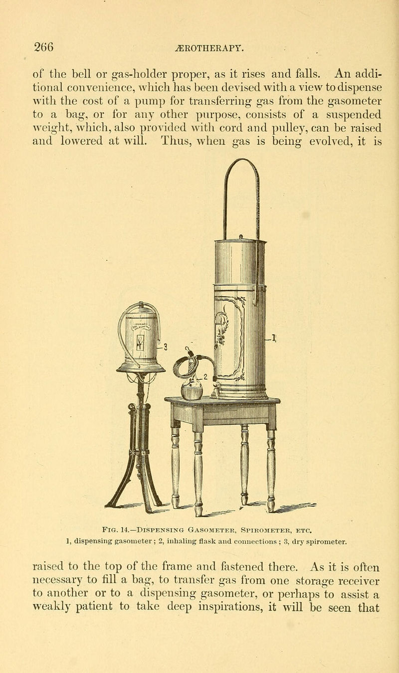 of the bell or gas-holder proper, as it rises and falls. An addi- tional convenience, which has been devised with a view to dispense with the cost of a pump for transferring gas from the gasometer to a bag, or for any other purpose, consists of a suspended weight, which, also provided with cord and pulley, can be raised and lowered at will. Thus, when gas is being evolved, it is Fig. 14.—Dispensing Gasometer, Spirometer, etc. 1, dispensing gasometer; 2, inhaling flask and connections ; 3, dry spirometer. raised to the top of the frame and fastened there. As it is often necessary to fill a bag, to transfer gas from one storage receiver to another or to a dispensing gasometer, or perhaps to assist a weakly patient to take deep inspirations, it will be seen that