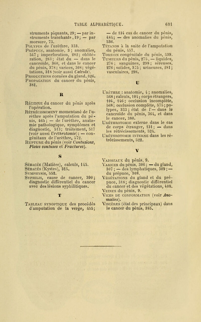 struments piquants, 29; — par in- struments tranchant?,19; — par morsure, 73. Polypes de l'urèthre. 333. Prépuce, anatomie, 3 ; anomalies, 547; imperforation, 282; oblité- ration, 28;!; état du — dans le cancroïde, 360, et dans le cancer du pénis, 378; varices, 308; végé- tations, 318 (voir aussi Calculs). Productions cornées du gland, 326. Propagation du cancer du pénis, 381. R Récidive du cancer du pénis après l'opération. Rétrécissement momentané de l'u- rèthre après l'amputation du pé- nis, 465 ; — de l'urèthre, anato- mie pathologique, symptômes et diagnostic, 513; traitement, 517 (voir aussi Urëthrotomie) ; — con- génitaux de l'urèthre, 572. Rupture du pénis (voir Contusions, Plaies contuses et Fractures). — de 134 cas de cancer du pénis, 484; — des anomalies du pénis, 536. Tétanos ;i la suite de l'amputation du pénis, 457. Torsion congénitale du pénis, 539. Tumeurs du pénis, 275 , — liquides, 276 ; sanguines, 298 ; séreuses, 276; solides, 3^5 ; mineuses, 281 ; vasculaircs, 298. U Urèthre : anatomie, 4 ; anomalies, 568 ; calculs, 104 ; corps étrangers, 104, 146; occlusion incomplète, 568; occlusion complète, 575; po- lypes, 333; état de 1'— dans le cancroïde du pénis, 364, et dans le cancer, 380. Urëthrotomie externe, dans le cas de corps étranger, 131; — dans les rétrécissements, 524. Urëthrotomie interne dans les ré- trécissements, 522. S Sébacée (Matière), calculs, 145. Sébacés (Kystes), 315. Symphysis, 552. Syphilis, cause de cancer, 390 ; diagnostic différentiel du cancer avec des lésions syphilitiques. Tableau synoptique des procédés d'amputation de la verge, 455; Vaisseaux du pénis, 9. Varices du pénis, 306; —du gland, 307 ; — des lymphatiques, 309 ; — du prépuce, 308. Végétations du gland et du pré- puce, 318; diagnostic différentiel du cancer et des végétations, 408. Veines du pénis, 9. Vices de conformation (voir Ano- malies). Viscères (état des principaux) dans le cancer du pénis, 385.
