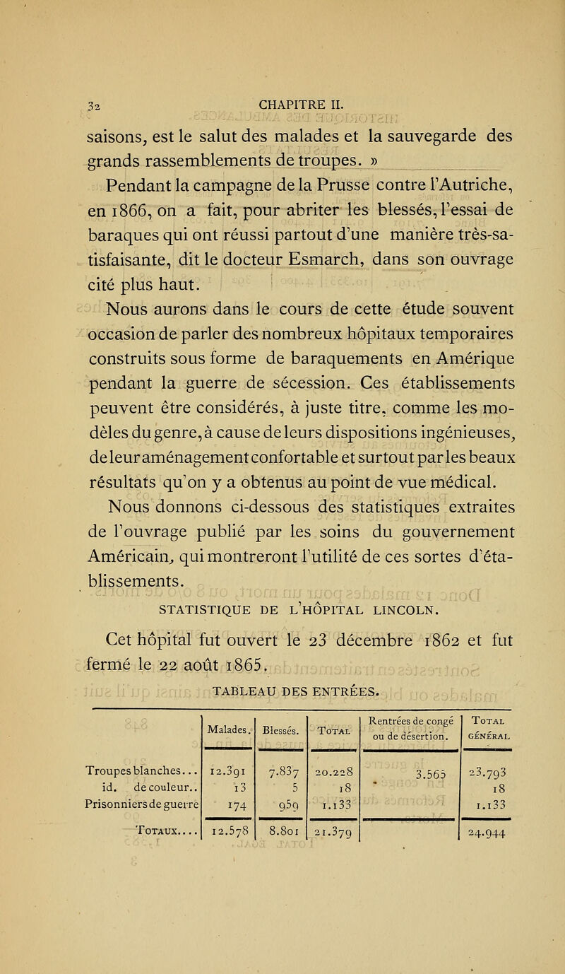 saisons, est le salut des malades et la sauvegarde des grands rassemblements de troupes. » Pendant la campagne de la Prusse contre F Autriche, en 1866, on a fait, pour abriter les blessés, Tessai de baraques qui ont réussi partout d'une manière très-sa- tisfaisante, dit le docteur Esmarch, dans son ouvrage cité plus haut. Nous aurons dans le cours de cette étude souvent occasion de parler des nombreux hôpitaux temporaires construits sous forme de baraquements en Amérique pendant la guerre de sécession. Ces établissements peuvent être considérés, à juste titre, comme les mo- dèles du genre, à cause de leurs dispositions ingénieuses^ de leur aménagement confortable et surtout parles beaux résultats qu'on y a obtenus au point de vue médical. Nous donnons ci-dessous des statistiques extraites de Touvrage publié par les soins du gouvernement Américain^ qui montreront Futilité de ces sortes d'éta- blissements. STATISTIQUE DE l'hÔPITAL LINCOLN. Cet hôpital fut ouvert le 23 décembre 1862 et fut fermé le 22 août i865. TABLEAU DES ENTRÉES. Troupes blanches... id. de couleur.. Prisonniers de guerre Totaux. ... Malades. Blessés. Total Rentrées de congé ou de désertion. Total GÉNÉRAL 12.391 i3 174 7.837 5 959 20.228 18 I.l33 3.565 23.793 18 i.i33 12.578 8,801 21.379 24.944