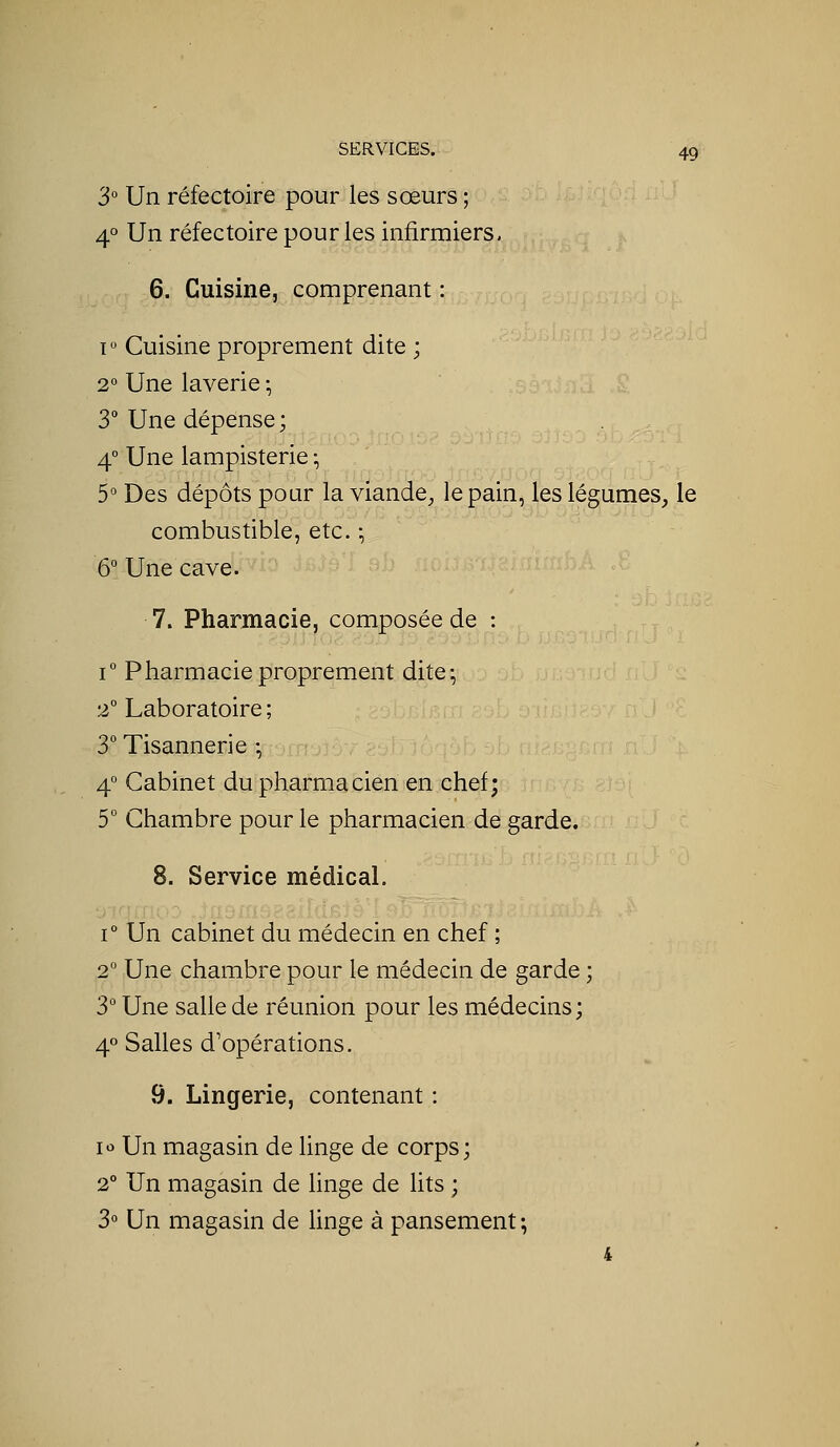 3° Un réfectoire pour les sœurs ; 4° Un réfectoire pour les infirmiers > 6. Cuisine, comprenant : I Cuisine proprement dite ; 2° Une laverie -, 3 Une dépense; 4° Une lampisterie -, 5° Des dépôts pour la viande^ le pain, les légumes, le combustible, etc. ; 6° Une cave. 7. Pharmacie, composée de : 1° Pharmacie proprement dite-, 2° Laboratoire ; 3° Tisannerie -, 4° Cabinet du pharmacien en chef; 5 Chambre pour le pharmacien de garde. 8. Service médical. 1° Un cabinet du médecin en chef ; 2 Une chambre pour le médecin de garde ; 3° Une salle de réunion pour les médecins; 4° Salles d'opérations. 9. Lingerie, contenant : lo Un magasin de linge de corps; 2° Un magasin de hnge de lits ; 3° Un magasin de Hnge à pansement-,