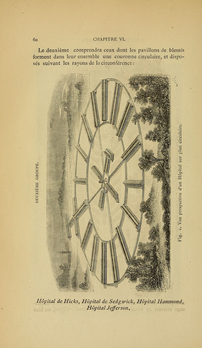Le deuxième comprendra ceux dont les pavillons de blessés forment dans leur ensemble une couronne circulaire^ et dispo- sés suivant les ravons de la circonférence : > fco Hôpital de Hicks, Hôpital de Sedgipick, Hôpital Hammondy HôptitalJefferson, r-