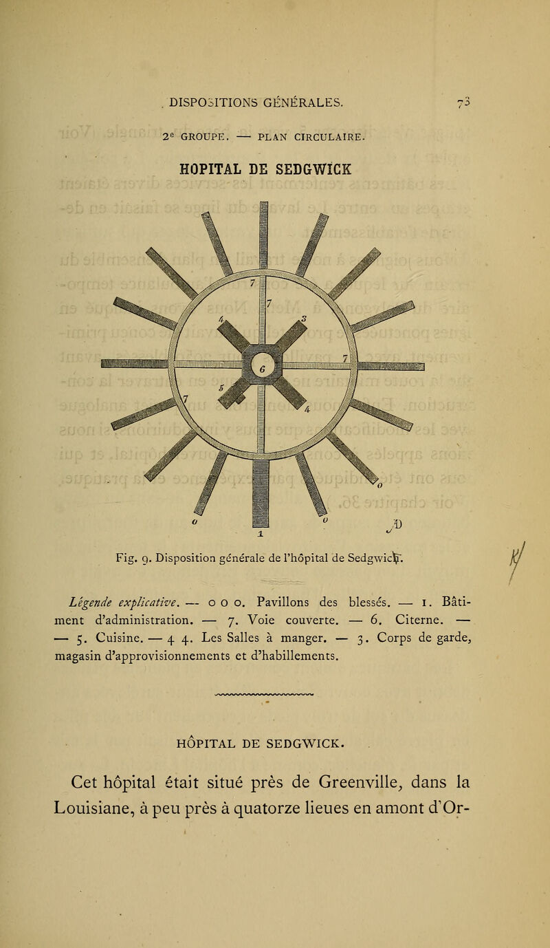 28 GROUPE. — PLAN CIRCULAIRE. HOPITAL DE SEDGWiCK «il Fig. 9, Disposition générale de l'hôpital de Sedgwic*^. Légende explicative. — 000. Pavillons des blessés. — i. Bâti- ment d'administration. — 7. Voie couverte. — 6. Citerne. — — 5. Cuisine. — 4 4. Les Salles à manger. — 3. Corps de garde, magasin d'approvisionnements et d'habillements. HOPITAL DE SEDGWICK. Cet hôpital était situé près de Greenville, dans la Louisiane, à peu près à quatorze lieues en amont d'Or-