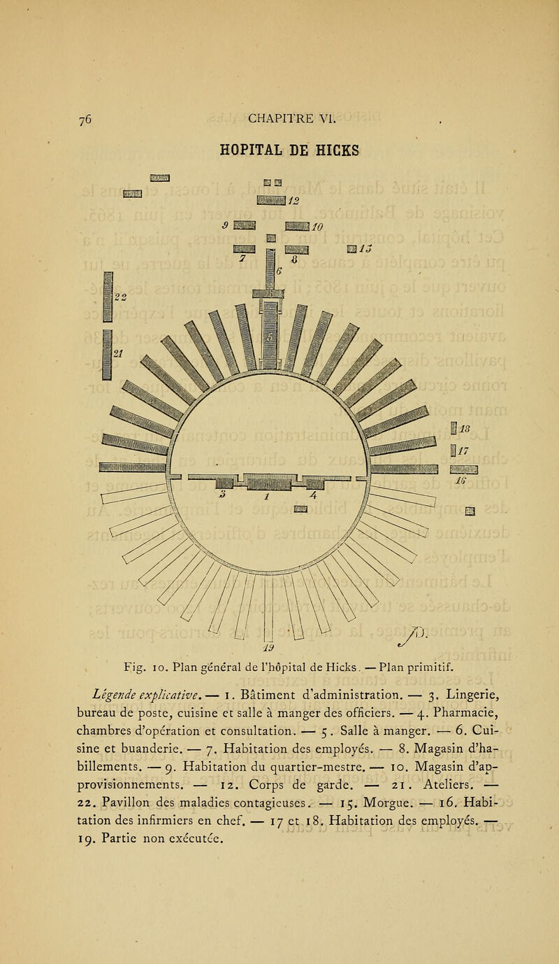 EHH HOPITAL DE HICKS Ha WÊSÉ^2 K iiiiiiiiiiiiiiiii ^ ^ 1 mm 10 6* il \ \ \ \ • . / / Fig. 10. Plan général de l'hôpital de Hicks. —Plan primitif. Légende explicative.— i. Bâtiment d'administration. — 3. Lingerie, bureau de poste, cuisine et salle à manger des officiers. —4. Pharmacie, chambres d'opération et consultation. — 5 . Salle à manger. — 6. Cui- sine et buanderie. — 7. Habitation des employés. — 8. Magasin d'ha- billements. — 9. Habitation du quartier-mestre. — 10. Magasin d'ap- provisionnements. — 12. Corps de garde. — 21, Ateliers. — 22. Pavillon des maladies contagieuses. — 15. Morgue. — 16, Habi- tation des infirmiers en chef. — 17 et 18. Habitation des employés. — 19. Partie non exécutée.