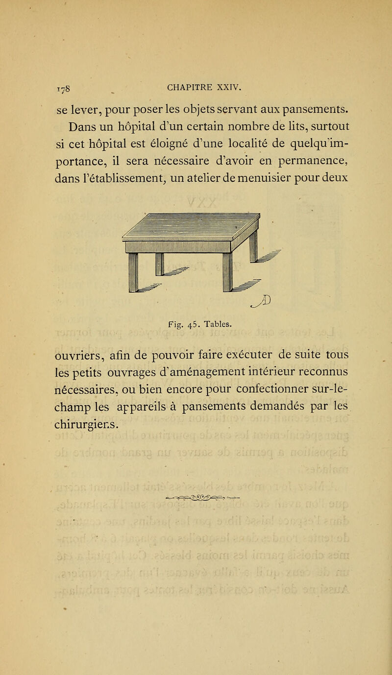 se lever, pour poser les objets servant aux pansements. Dans un hôpital d'un certain nombre de lits, surtout si cet hôpital est éloigné d'une localité de quelqu'im- portance, il sera nécessaire d'avoir en permanence, dans rétablissement, un atelier de menuisier pour deux Fig. 45. Tables. ouvriers, afin de pouvoir faire exécuter de suite tous les petits ouvrages d'aménagement intérieur reconnus nécessaires, ou bien encore pour confectionner sur-le- champ les appareils à pansements demandés par les chirurgiens.