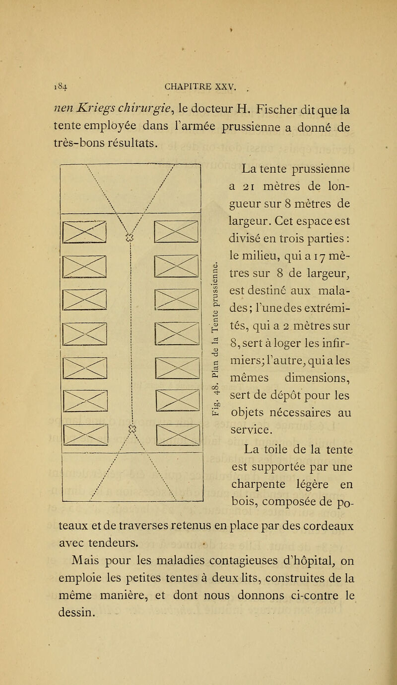 nen Kriegs chirurgie^ le docteur H. Fischer dit que la tente employée dans Farmée prussienne a donné de très-bons résultats. La tente prussienne a 21 mètres de lon- gueur sur 8 mètres de largeur. Cet espace est divisé en trois parties : le milieu, qui a 17 mè- g très sur 8 de largeur^ I est destiné aux mala- ^ des ; Fune des extrémi- i tés, qui a 2 mètres sur ^ 8,sertàloger lesinfir- d miers;rautre^quiales ^_ mêmes dimensions, » J 1 A ^ sert de dépôt pour les 1 objets nécessaires au service. La toile de la tente est supportée par une charpente légère en bois, composée de po- teaux et de traverses retenus en place par des cordeaux avec tendeurs. Mais pour les maladies contagieuses d'hôpital, on emploie les petites tentes à deux lits, construites de la même manière, et dont nous donnons ci-contre le dessin.
