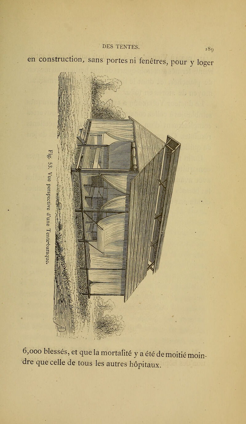 189 en construction, sans portes ni fenêtres, pour y loger 6,000 blessés, et que la mortalité y a été de moitié moin- dre que celle de tous les autres hôpitaux.
