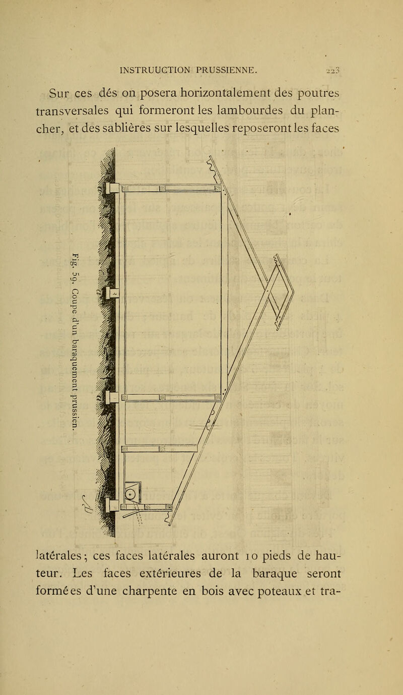 Sur ces dés on posera horizontalement des poutres transversales qui formeront les lambourdes du plan- cher, et des sabUères sur lesquelles reposeront les faces latérales- ces faces latérales auront lo pieds de hau- teur. Les faces extérieures de la baraque seront formées d'une charpente en bois avec poteaux et tra-