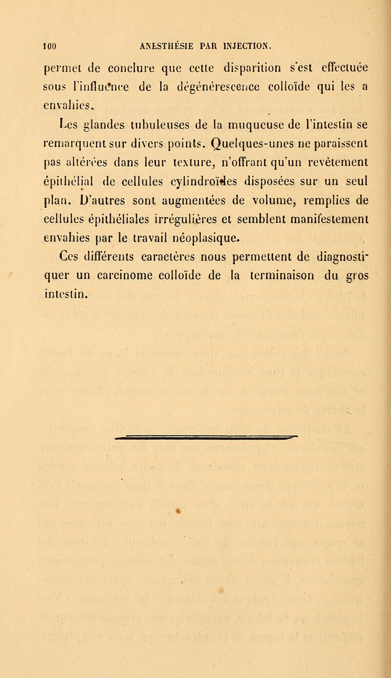 permet de conclure que celle disparilion s'est effectuée sous l'iuflut'nce de la dégénérescence colloïde qui les a envahies. ï.es glandes tubuleuses de la muqueuse de l'intestin se remarquent sur divers points. Quelques-unes ne paraissent pas altérées dans leur texture, n'offrant qu'un revêtement épiihélial de cellules cylindroï^es disposées sur un seul plan. D'autres sont augmentées de volume, remplies die cellules épithéliales irrégulières et semblent manifestement envahies par le travail néoplasique. Ces différents caractères nous permettent de diagnosti* quer un carcinome colloïde de la terminaison du gros intestin.