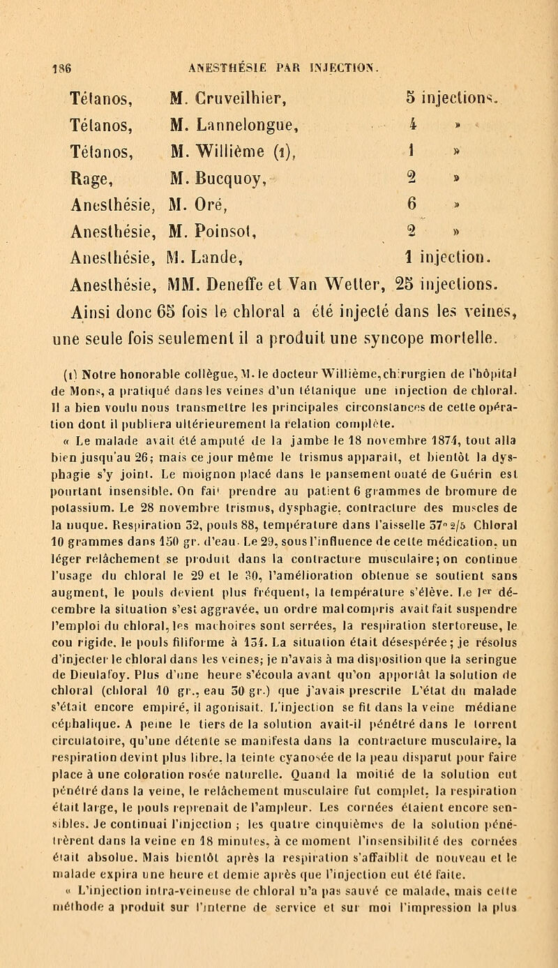 1S6 ANESTHÉSIE PAR !>',IFXT10N. Tétanos, M. Cruveilhier, 5 injecUons. Tétanos, M. Lannelongue, 4 » Télanos, M. Willième (i), 1 » Rage, M. Bucquoy, 5 » Aneslhésie, M. Oré, 6 » Aneslhésie, M. Poinsot, 2 » Aneslhésie, M. Lande, 1 injection. Aneslhésie, MM. Deneffe et Van Welter, 25 injeclions. Ainsi donc 65 fois le chloral a été injecté dans les veines, une seule fois seulement il a produit une syncope mortelle. (i) Notre honorable collègue, M. le docteur Willième,chirurgien de Thôpital de Mons, a pratiqué dans les veines d'un tétanique une injection de chloral. Il a bien voulu nous transmettre les principales circonslaucesde cette opéra- tion dont il publiera ultérieurement la relation complète. 0 Le malade a^ail été amputé de la jambe le 18 novembre 1874, tout alla bien jusqu'au 26; mais ce Jour même le trismus apparaît, et ])ientôt la dys- phagie s'y joint. Le moignon placé dans le pansement ouaté de Guérin est pourtant insensible. On fai' prendre au patient 6 grammes de bromure de potassium. Le 28 novembre trismus, dysphagie. contracture des muscles de la nuque. Respiration 32, pouls 88, température dans l'aisselle 57 2/5 Chloral 10 grammes dans 150 gr. d'eau- Le 29, sous l'influence de celte médication, un léger relâchement se |)ioduit dans la contracture musculaire; on continue l'usage du chloral le 29 et le 30, l'amélioration obtenue se soutient sans augment, le pouls devient plus fréquent, la lempéi'ature s'élève. Le I^i dé- cembre la situation s'est aggravée, un ordre mal compris avait fait suspendre l'emploi du chloral,les mâchoires sont serrées, la respiration stertoreuse, le cou rigide, le pouls filiforme à loi. La situation était désespérée; je résolus d'injecler le chloral dans les veines; je n'avais à ma disposition que la seringue de Dieulafoy. Plus d'une heure s'écoula avant qu'on ap|)or(âi la solution de chloral {chloral 10 gr., eau 30 gr.) (|ue j'avais prescrite L'état du malade s'était encore emi)iré, il agonisait. L'injection se fit dans la veine médiane cé|ihali(|ue. A peine le tiers de la solution avait-il pénétré dans le torrent circulatoire, qu'une détente se manifesta dans la contracture musculaire, la respiration devint plus libre, la teinte cyanosée de la peau disparut pour faire place à une coloration rosée naturelle. Quand la moitié de la solution eut pénétré dans la veine, le relâchement musculaire fut com|)lel, la respiration était large, le pouls reprenait de ram|>leur. Les cornées étaient encore sen- sibles. Je continuai l'injection ; les quatre cinquièmes de la solution péné- Irèrent dans la veine en 18 minuits, à ce moment l'insensibilité des cornées éiait absolue. Mais bientôt apiès la respiration s'affaiblit de nouveau et le malade ex[»ira une heure et demie après ([ue l'injection eut été faite. i> L'injection inlra-veineiise de chloral n'a pas sauvé ce malade, mais celle méthode a produit sur l'interne de service et sur moi l'impression la plus