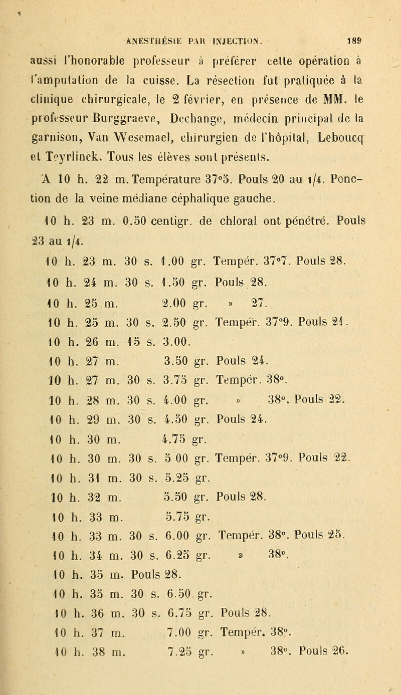 aussi l'honorable professeur à préférer celle opération à i'amputalion de la cuisse. La résection fut pratiquée à la clinique chirurgicale, le 2 février, en présence de MM. le professeur Burggraeve, Dechange, médecin principal de la garnison, Van Wesemael, chirurgien de l'hôpilal, Leboucq el Teyriinck. Tous les élèves sont présents. A 10 h. 22 m. Température 37°o. Pouls 20 au 1/4. Ponc- tion de la veine médiane céphalique gauche. 10 h. 23 m. 0.50 centigr. de chloral ont pénétré. Pouls i3 au î/4. 10 h. 23 m. 30 s. 1.00 gr. Tempér. 37°7. Pouls 28. 10 h. 24 m. 30 s. 1.50 gr. Pouls.28. 10 h. 25 m. 2.00 gr. » 27. 10 h. 25 m. 30 s. 2.50 gr. Tempér, 37-9. Pouls 21. 10 h. 26 m. 15 s. 3.00. 10 h. 27 m. 3.50 gr. Pouls 24. JO h. 27 m. 30 s. 3.75 gr. Tempér. 38°. 10 h. 28 m. 30 s. 4.00 gr. » 38. Pouls 22. 10 h. 29 m. 30 s. 4.50 gr. Pouls 24. 10 h. 30 m. 4.75 gr. 10 h. 30 m. 30 s. 5 00 gr. Tempér. 37<'9. Pouls 22. 10 h. 31 m. 30 s. 5.25 gr. 10 h. 32 m. 5.50 gr. Pouls 28. 10 h. 33 m. 5.75 gr. 10 h. 33 m. 30 s. 6.00 gr. Tempér. 38°. Pouls 25, 10 h. 34 m. 30 s. 6.2o gr. » 38°. 10 h. 35 m. Pouls 28. 10 h. 35 m. 30 s. 6.50 gr. 10 h. 36 m. 30 s. 6.75 gr. Pouls 28. 10 h. 37 m. 7.00 gr. Tempér. 38°. 10 h. 38 m. 7.25 er. « 38°. Pouls 26.
