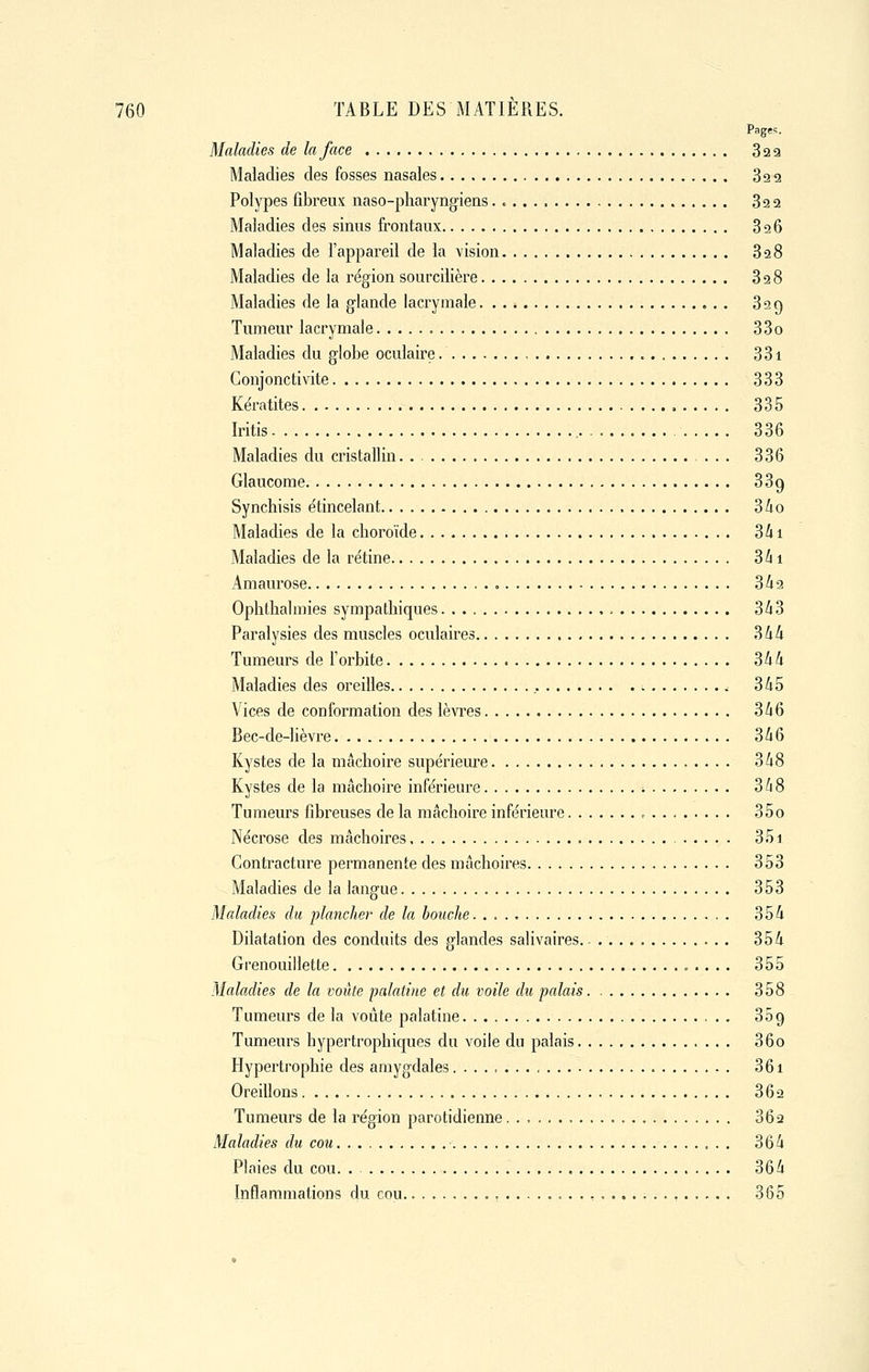 Pages. Maladies de la face 32a Maladies des fosses nasales 822 Polypes fibreux naso-pharyngiens .0.... 822 Maladies des sinus frontaux 826 Maladies de l'appareil de la vision 828 Maladies de la région sourcilière 828 Maladies de la glande lacrymale 829 Tumeur lacrymale 33o Maladies du globe oculaire 831 Conjonctivite 833 Kératites , 335 Iritis 336 Maladies du cristallin ... 336 Glaucome 889 Synchisis étincelant 8/10 Maladies de la choroïde 8ii Maladies de la rétine Bhi Amaurose , 8/12 Ophtbalmies sympathiques 8/13 Paralysies des muscles oculaires 844 Tumeurs de l'orbite Sa à Maladies des oreilles ,. v 845 Vices de conformation des lèvres 346 Bec-de-lièvre 346 Kystes de la mâchoire supérieure 348 Kystes de la mâchoire inférieure ■. 348 Tumeurs fibreuses de la mâchoire inférieure 35o Nécrose des mâchoires 851 Contracture permanente des mâchoires 353 Maladies de la langue 353 Maladies du plancher de la bouche 354 Dilatation des conduits des glandes salivaires 354 Grenouillette 355 Maladies de la voûte palatine et du voile du palais 358 Tumeurs de la voûte palatine Sôg Tumeurs hypertrophiques du voile du palais 860 Hypertrophie des amygdales 36i Oreillons 862 Tumeurs de la région parotidienne 862 Maladies du cou 864 Plaies du cou. . 864 Inflammations du cou , -.. 365