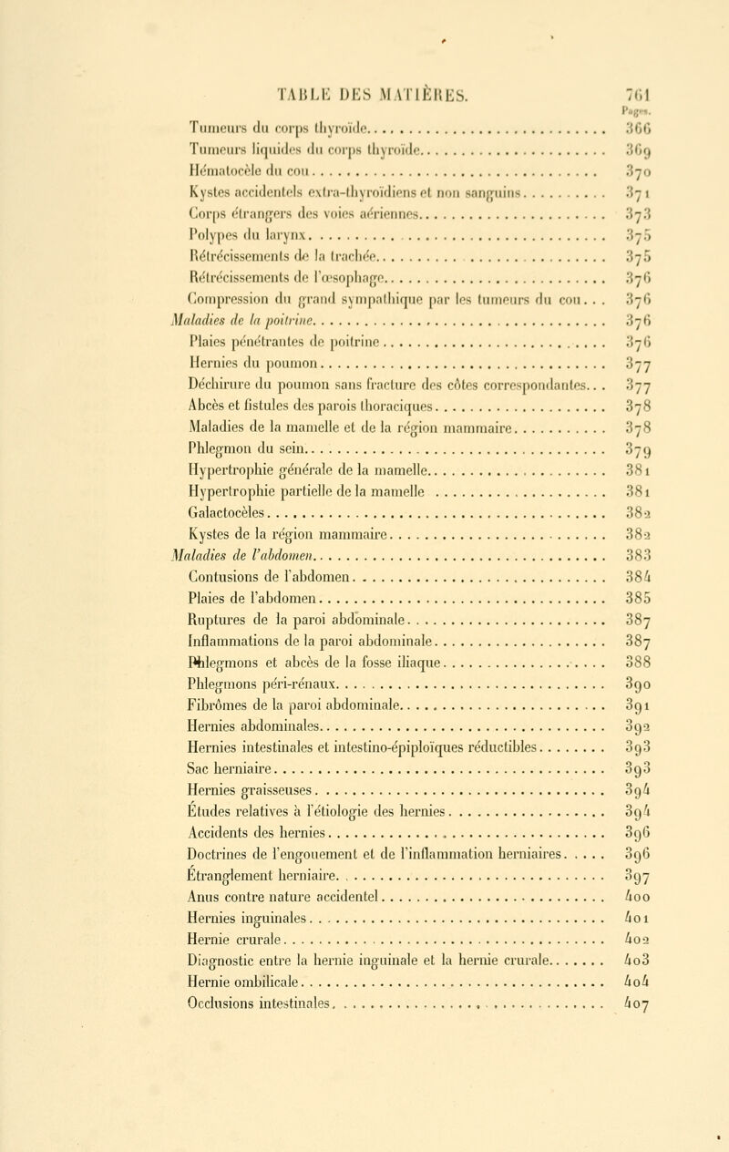 Pag'-». TiiiiicMiis du ((irps lliyionlo .'{OG riimoiiis li(jiii(l('s ilii corps lliyroïdo iiOrj Hdmalocèle du cou 870 Kystes nccidenlols exli-a-lliyroïdions ol non san{Tuiiis 8-1 Corps étrangers des voies aériennes 37.3 Polypes du larynx 370 Rdlrc^cissenients <h la trachée 375 Rétrécissements de l'œsophage 37O Compression du grand sympathique par les tumeurs fin cou. . . 371) Maladies de la poitrine 37(1 Plaies pénétrantes de poitrine 37(5 Hernies du poumon 377 Déchirure du poumon sans fracture des côtes correspondantes.. . 877 Abcès et fistules des parois ihoraciques 878 Maladies de la mamelle et de la région mammaire 878 Phlegmon du sein 879 Hypertrophie généi'ale de la mamelle 881 Hypertrophie partielle de la mamelle 381 Galactocèles 88 a Kystes de la région mammaire 88:2 Maladies de l'abdomen 883 Contusions de Tabdomen 386 Plaies de l'abdomen 385 Ruptm'es de la paroi abdominale 887 Inflammations de la paroi abdominale 887 Phlegmons et abcès de la fosse iliaque 388 Phlegmons péri-rénaux 890 Fibromes de la paroi abdominale 891 Hernies abdominales 39-3 Hernies intestinales et intestino-épiploïques réductibles 898 Sac herniaire 890 Hernies graisseuses 896 Eludes relatives à Tétiologie des hernies 89'! Accidents des hernies 896 Doctrines de l'engouement et de l'inflammation herniaires 896 Étranglement herniaire 897 Anus contre nature accidentel hoo Hernies inguinales 601 Hernie crurale koù Diagnostic entre la hernie inguinale et la hernie crurale ho'è Hernie ombilicale hok Occlusions intestinales , 607