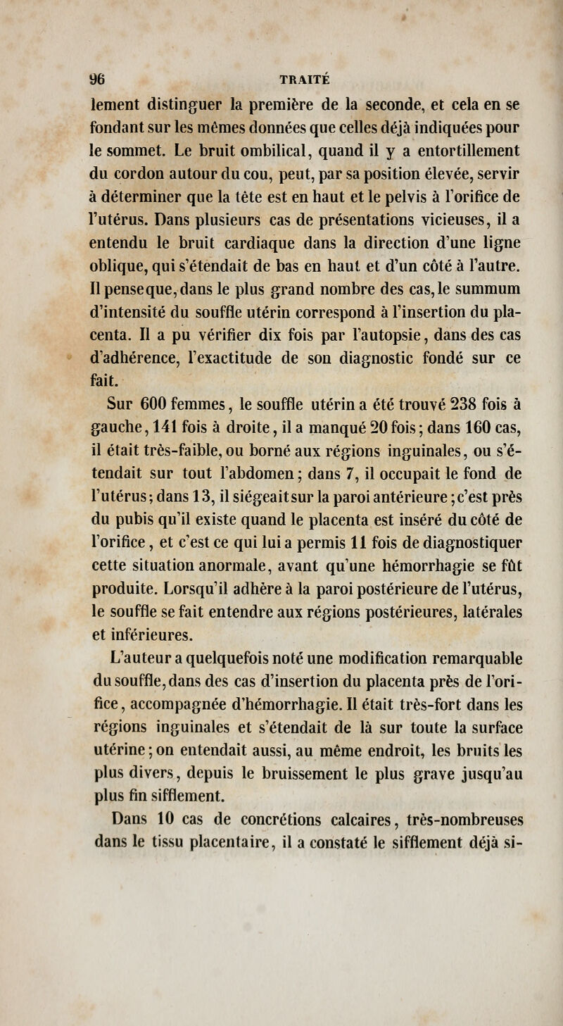 lement distinguer la première de la seconde, et cela en se fondant sur les mêmes données que celles déjà indiquées pour le sommet. Le bruit ombilical, quand il y a entortillement du cordon autour du cou, peut, par sa position élevée, servir à déterminer que la tète est en haut et le pelvis à l'orifice de l'utérus. Dans plusieurs cas de présentations vicieuses, il a entendu le bruit cardiaque dans la direction d'une ligne oblique, qui s'étendait de bas en haut et d'un côté à l'autre. Il pense que, dans le plus grand nombre des cas, le summum d'intensité du souffle utérin correspond à l'insertion du pla- centa. Il a pu vérifier dix fois par l'autopsie, dans des cas d'adhérence, l'exactitude de son diagnostic fondé sur ce fait. Sur 600 femmes, le souffle utérin a été trouvé 238 fois à gauche, 141 fois à droite, il a manqué 20 fois ; dans 160 cas, il était très-faible, ou borné aux régions inguinales, ou s'é- tendait sur tout l'abdomen ; dans 7, il occupait le fond de l'utérus ; dans 13, il siégeait sur la paroi antérieure ; c'est près du pubis qu'il existe quand le placenta est inséré du côté de l'orifice, et c'est ce qui lui a permis 11 fois de diagnostiquer cette situation anormale, avant qu'une hémorrhagie se fût produite. Lorsqu'il adhère à la paroi postérieure de l'utérus, le souffle se fait entendre aux régions postérieures, latérales et inférieures. L'auteur a quelquefois noté une modification remarquable du souffle, dans des cas d'insertion du placenta près de l'ori- fice , accompagnée d'hémorrhagie. Il était très-fort dans les régions inguinales et s'étendait de là sur toute la surface utérine ; on entendait aussi, au même endroit, les bruits les plus divers, depuis le bruissement le plus grave jusqu'au plus fin sifflement. Dans 10 cas de concrétions calcaires, très-nombreuses dans le tissu placentaire, il a constaté le sifflement déjà si-