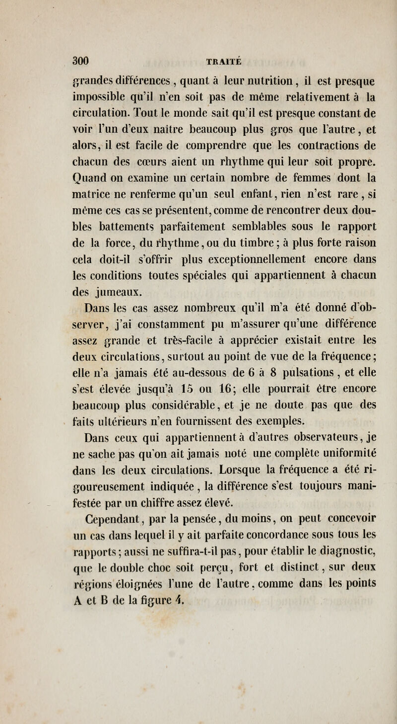 grandes différences , quant à leur nutrition, il est presque impossible qu'il n'en soit pas de même relativement à la circulation. Tout le monde sait qu'il est presque constant de voir l'un d'eux naître beaucoup plus gros que l'autre, et alors, il est facile de comprendre que les contractions de chacun des cœurs aient un rhythme qui leur soit propre. Quand on examine un certain nombre de femmes dont la matrice ne renferme qu'un seul enfant, rien n'est rare , si même ces cas se présentent, comme de rencontrer deux dou- bles battements parfaitement semblables sous le rapport de la force, du rhythme, ou du timbre ; à plus forte raison cela doit-il s'offrir plus exceptionnellement encore dans les conditions toutes spéciales qui appartiennent à chacun des jumeaux. Dans les cas assez nombreux qu'il m'a été donné d'ob- server, j'ai constamment pu m'assurer qu'une différence assez grande et très-facile à apprécier existait entre les deux circulations, surtout au point de vue de la fréquence; elle n'a jamais été au-dessous de 6 à 8 pulsations , et elle s'est élevée jusqu'à 15 ou 16; elle pourrait être encore beaucoup plus considérable, et je ne doute pas que des faits ultérieurs n'eu fournissent des exemples. Dans ceux qui appartiennent à d'autres observateurs, je ne sache pas qu'on ait jamais noté une complète uniformité dans les deux circulations. Lorsque la fréquence a été ri- goureusement indiquée , la différence s'est toujours mani- festée par un chiffre assez élevé. Cependant, par la pensée, du moins, on peut concevoir un cas dans lequel il y ait parfaite concordance sous tous les rapports ; aussi ne suffira-t-il pas, pour établir le diagnostic, que le double choc soit perçu, fort et distinct, sur deux régions éloignées l'une de l'autre, comme dans les points A et B de la figure 4.