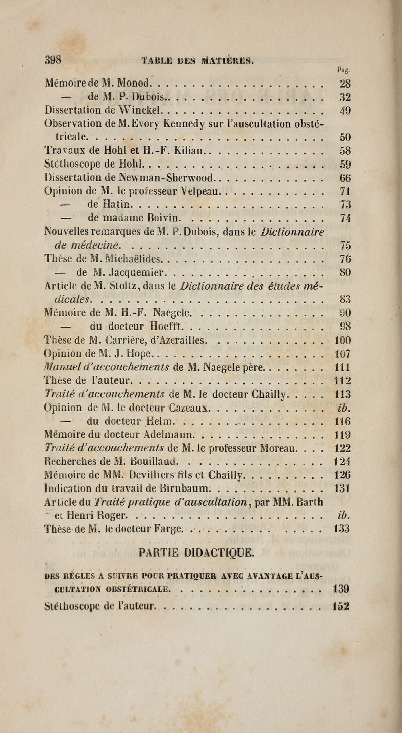 Pàë. MémoiredeM. Monod 28 — de M. P. Dubois 32 Dissertation de Winckel 49 Observation de M.Evory Kennedy sur l'auscultation obsté- tricale 50 Travaux de Hohl et H.-F. Kilian 58 Stéthoscope de Hohl 59 Dissertation de Newman-Sherwood 66 Opinion de M. le professeur Velpeau 71 — de Hatin 73 — de madame Boivin 74 Nouvelles remarques de M. P.Dubois, dans le Dictionnaire de médecine 75 Thèse de M. Michaëlides 76 — de M. Jacqueoiier 80 Article de M. Stoltz, dans le Dictionnaire des éludes mé- dicales 83 Mémoire de M. H,-F. Naegele bO — du docteur Hoefft 98 Thèse de M. Carrière, d'Azerailles. 100 Opinion de M. J. Hope 107 Manuel d'accouchements diQM.^d^^QiàXQ^hvQ 111 Thèse de l'auteur 112 Traité d'accouchements d^ M. \ç, docteur Chailly 113 Opinion de M. le docteur Gazeaux ib. — du docteur Helm 116 Mémoire du docteur Adelmann 119 Traité d'accouchements de M. le professeur Moreau. . . . 122 Recherches de M. Bouillaud 124 Mémoire de MM. Devilliers fils et Chailly 126 Indication du travail de Birnbaum 131 Article du Traité pratique d'auscultation^ par MM. Barth ei Henri Roger ib. Thèse de M. le docteur Farge. . 133 PARTIE DIDACTIQUE. DES RÈGLES A SUIVRE POUR PRATIQUER AVEC AVANTAGE L'AUS- Cl'LTATIOI\ OBSTÉTRICALE 139 Stéthoscope de l'auteur 152