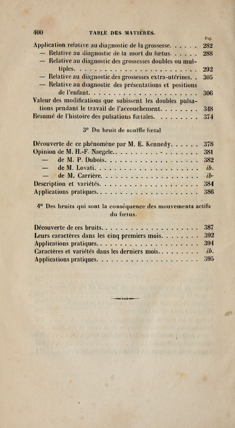 Pag. Application relative au diagnostic de la grossesse 282 — Relative au diagnostic de la mort du fœtus 288 — Relative au diagnostic des grossesses doubles ou mul- tiples 292 — Relative au diagnostic des grossesses extra-utérines. . 305 — Relative au diagnostic des présentations et positions de l'enfant 306 Valeur des modifications que subissent les doubles pulsa- tions pendant le travail de l'accouchement 348 Résumé de l'histoire des pulsations fœtales 374 3^ Du bruit de sovitfle fœtal Découverte de ce phénomène par M. E. Kennedy 378 Opinion de M. H.-F. Naegele - 381 — de M. P. Dubois 382 — de M. Lovati ib. — de M. Carrière ib- Description et variétés 384 Applications pratiques 386 A^ Des bruits qui sont la conséquence des mouvements actifs du fœtus. Découverte de ces bruits 387 Leurs caractères dans les cinq premiers mois 392 Applications pratiques 394 Caractères et variétés dans les derniers mois • • • • i^- Applications pratiques 395 ^••-