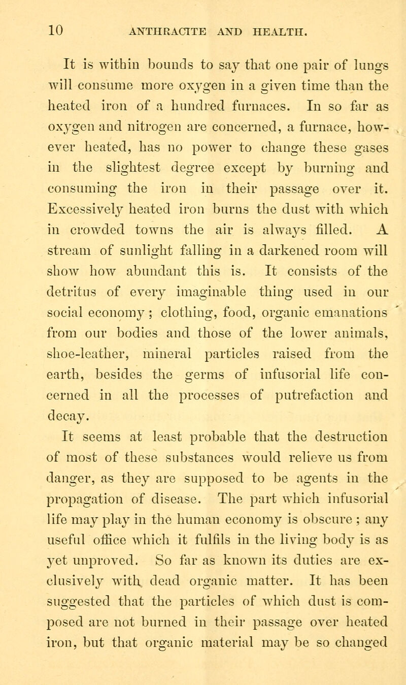 It is within bounds to say that one pair of lungs will consume more oxygen in a given time than the heated iron of a hundred furnaces. In so far as oxygen and nitrogen are concerned, a furnace, how- ever heated, has no power to change these gases in the slightest degree except by burning and consuming the iron in their passage over it. Excessively heated iron burns the dust with which in crowded towns the air is always filled. A stream of sunlight falling in a darkened room will show how abundant this is. It consists of the detritus of every imaginable thing used in our social economy ; clothing, food, organic emanations from our bodies and those of the lower animals, shoe-leather, mineral particles raised from the earth, besides the germs of infusorial life con- cerned in all the processes of putrefaction and decay. It seems at least probable that the destruction of most of these substances would relieve us from danger, as they are supposed to be agents in the propagation of disease. The part which infusorial life may play in the human economy is obscure ; any useful office which it fulfils in the living body is as yet unproved. So far as known its duties are ex- clusively with dead organic matter. It has been suggested that the particles of which dust is com- posed are not burned in their passage over heated iron, but that organic material may be so changed